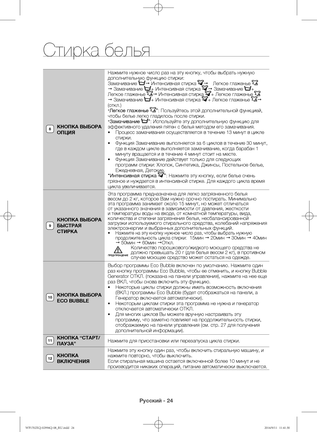 Samsung WF1702XQR/YLP, WF1602XQR/YLP manual Быстрая, Стирка, ECO Bubble, Кнопка Старт, Пауза Кнопка, Включения 