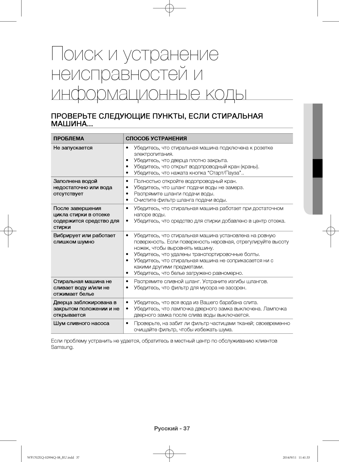 Samsung WF1602XQR/YLP, WF1702XQR/YLP manual Проверьте следующие пункты, если стиральная Машина, Проблема Способ Устранения 