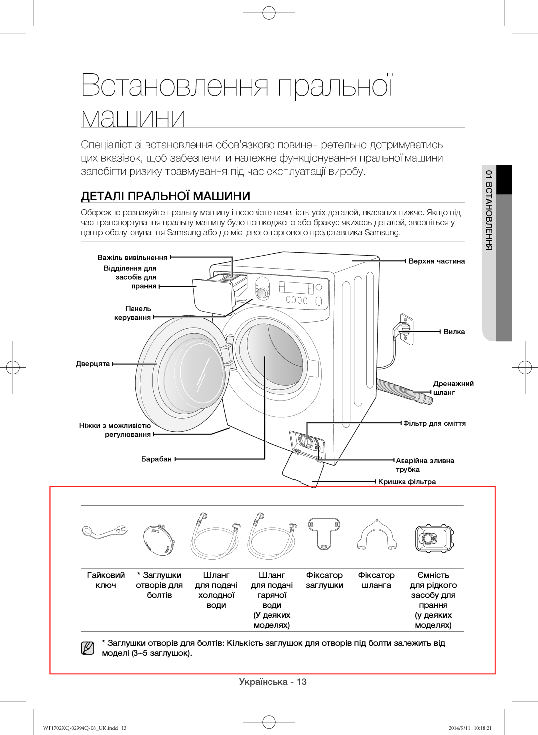 Samsung WF1602XQR/YLP manual Встановлення пральної машини, Деталі пральної машини, Гайковий Заглушки Шланг Фіксатор 