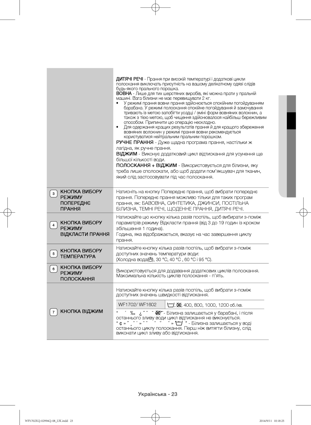 Samsung WF1602XQR/YLP manual Попереднє, Прання БІЛИЗНА, Темні РЕЧІ, Щоденне ПРАННЯ, Дитячі Речі, Кнопка Вибору, Температура 