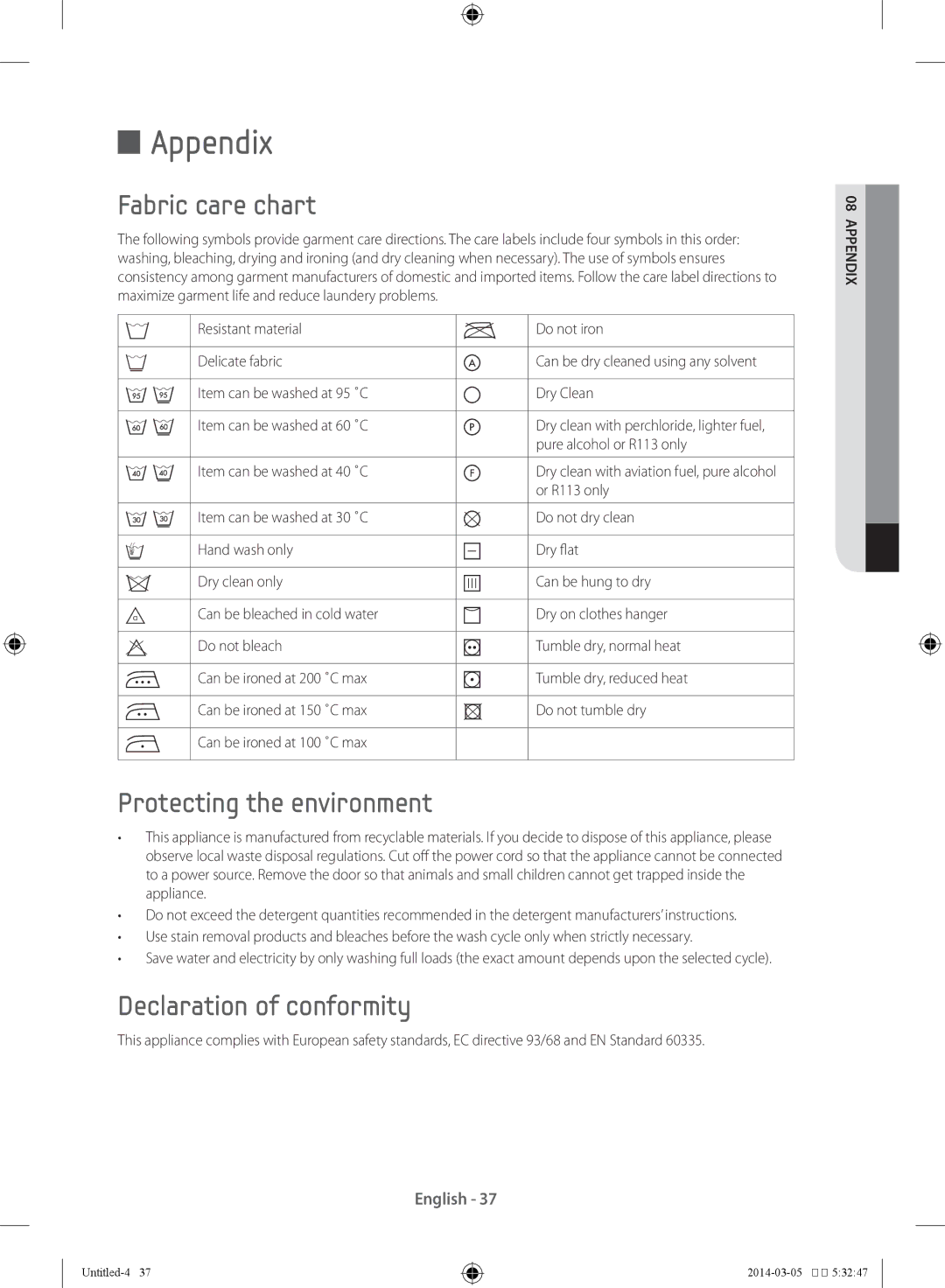 Samsung WF90F5E0W2W/KJ, WF1704WPC2/XEF Appendix, Fabric care chart, Protecting the environment, Declaration of conformity 