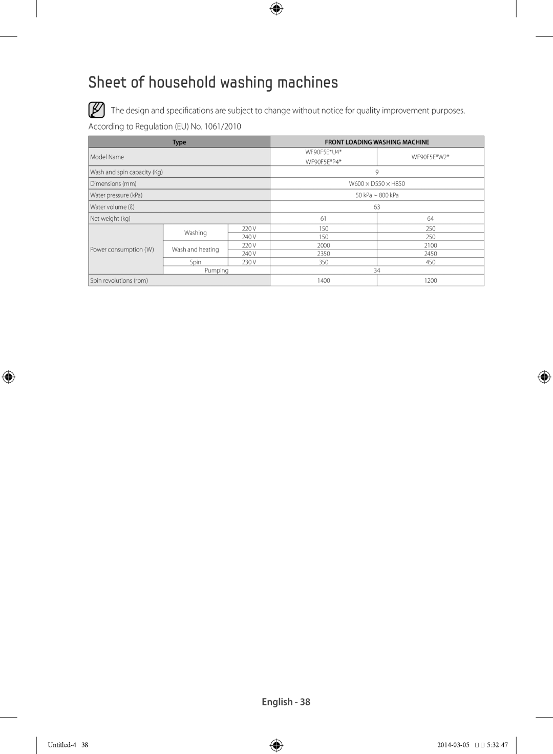 Samsung WF1704WPC2/XEF, WF90F5E0W2W/KJ manual Sheet of household washing machines, Front Loading Washing Machine 