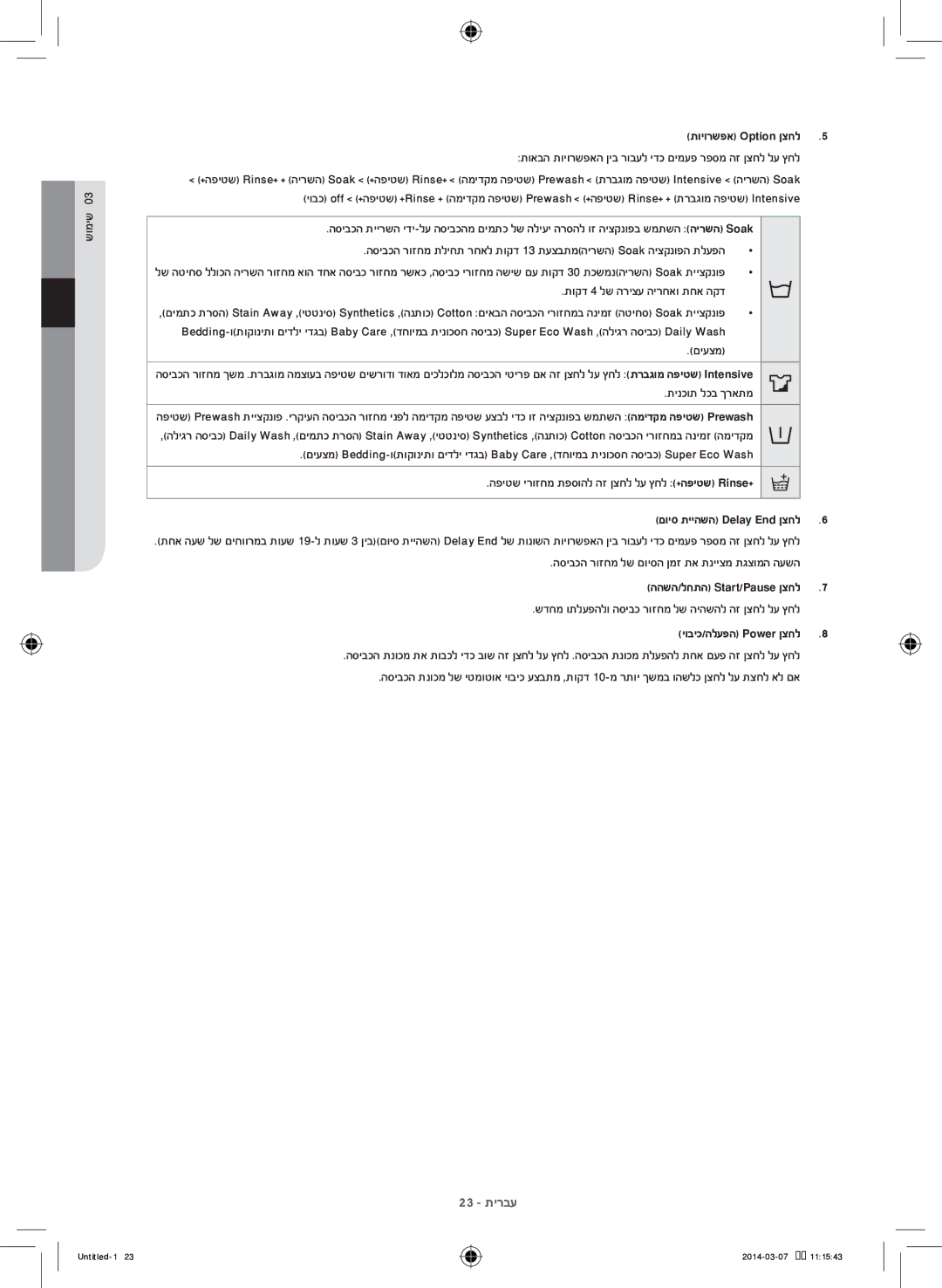 Samsung WF90F5E0W2W/KJ, WF1704WPC2/XEF תויורשפא Option ןצחל5, םויס תייהשה Delay End ןצחל6, ההשה/לחתה Start/Pause ןצחל7 