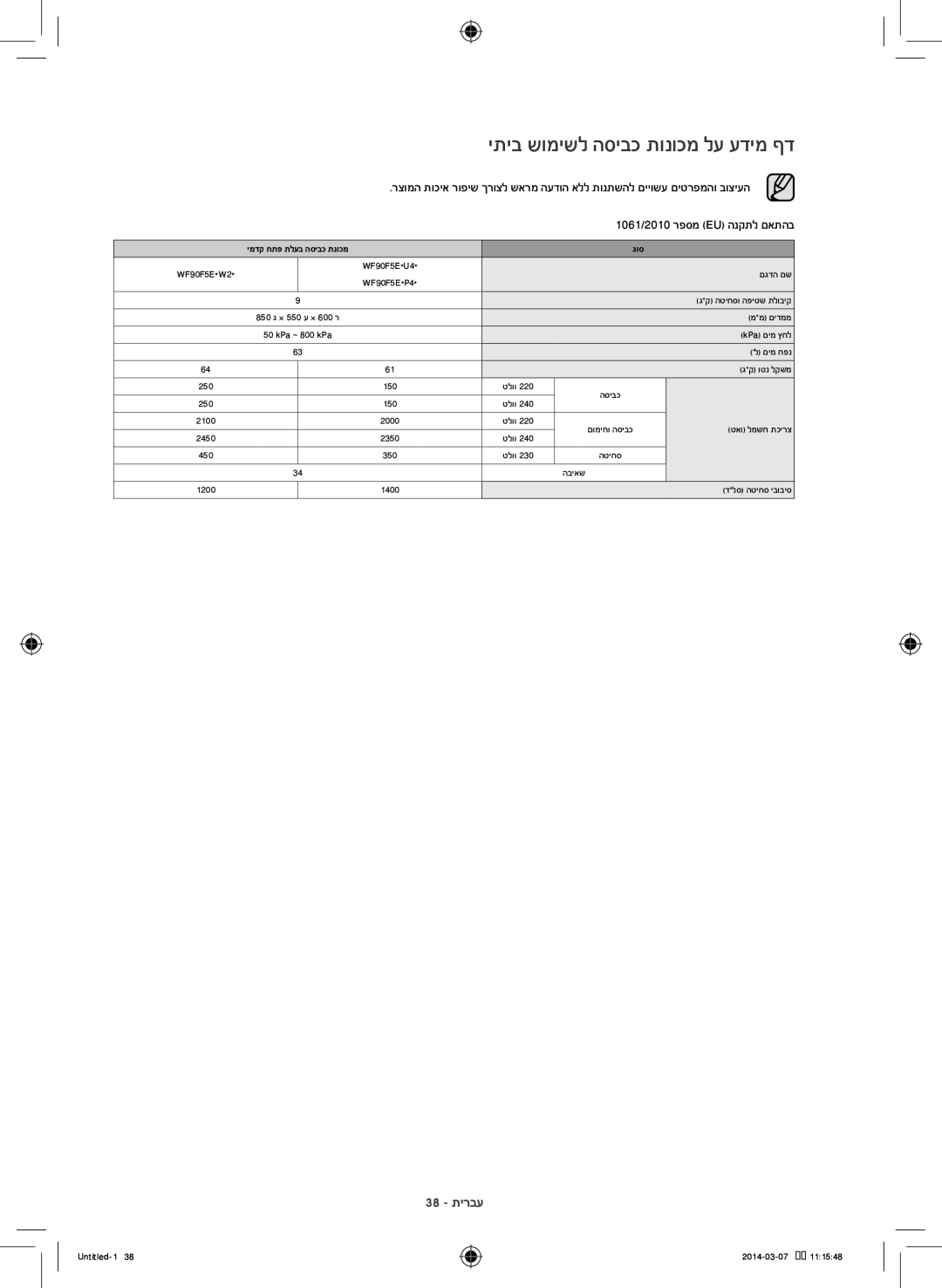 Samsung WF1704WPC2/XEF, WF90F5E0W2W/KJ manual יתיב שומישל הסיבכ תונוכמ לע עדימ ףד 