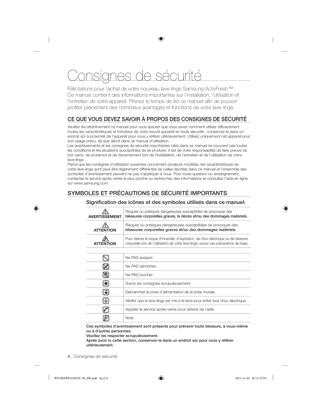 Samsung WF1704WPC2/XEF, WF1704WPU2/XEF manual CE QUE Vous Devez Savoir À Propos DES Consignes DE Sécurité 