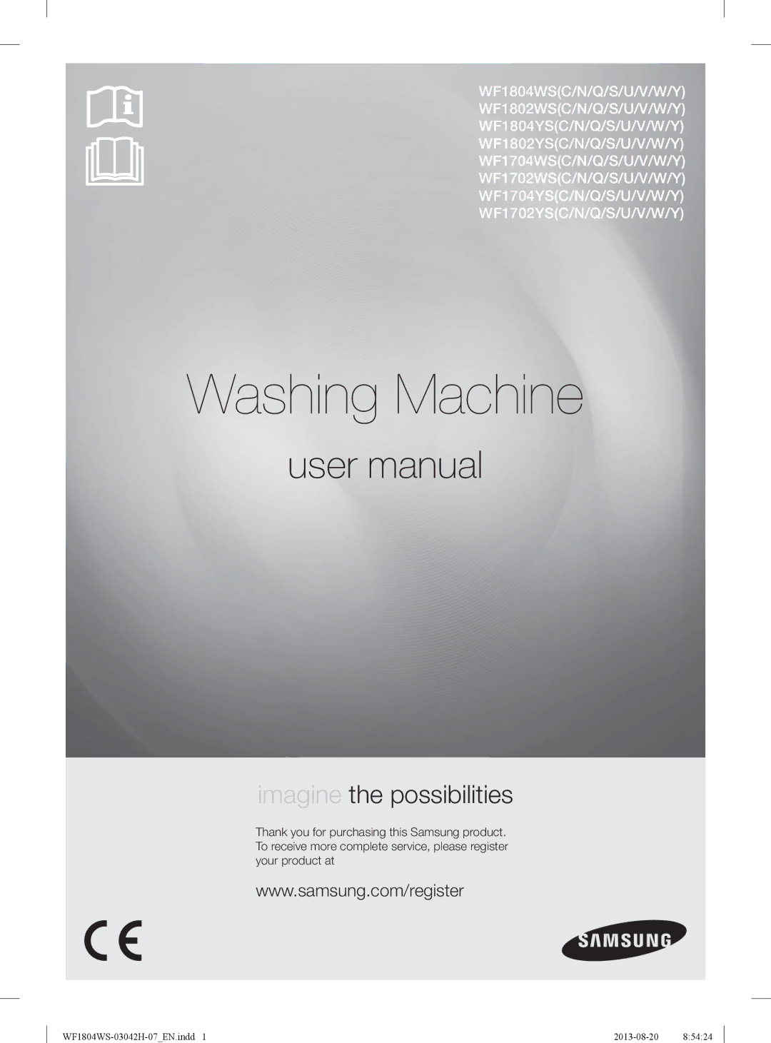 Samsung WF1704WSV/XEE, WF1704WSV2/XEE manual Washing Machine 