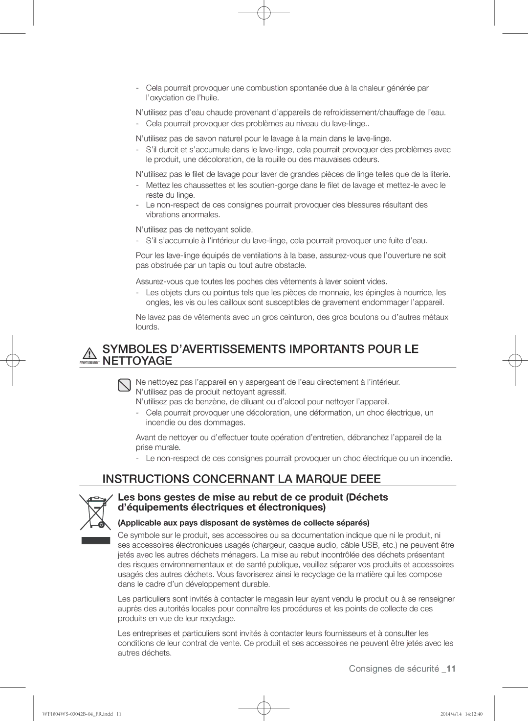 Samsung WF1804WSV2/XEF, WF1704WSV/XEF Symboles D’AVERTISSEMENTS Importants Pour LE, Instructions concernant la marque Deee 