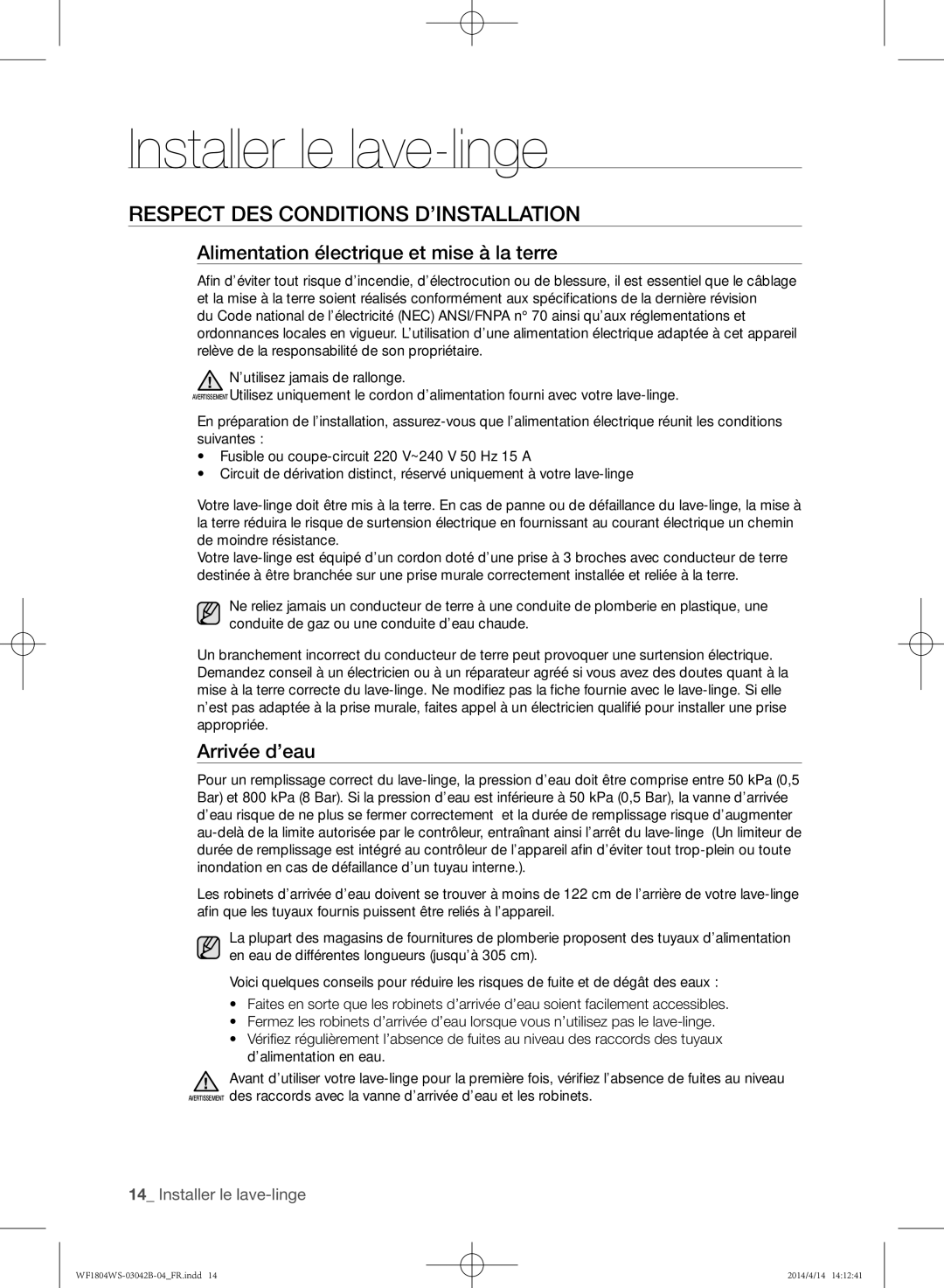 Samsung WF1802WSW2/XEF Respect des conditions d’installation, Alimentation électrique et mise à la terre, Arrivée d’eau 