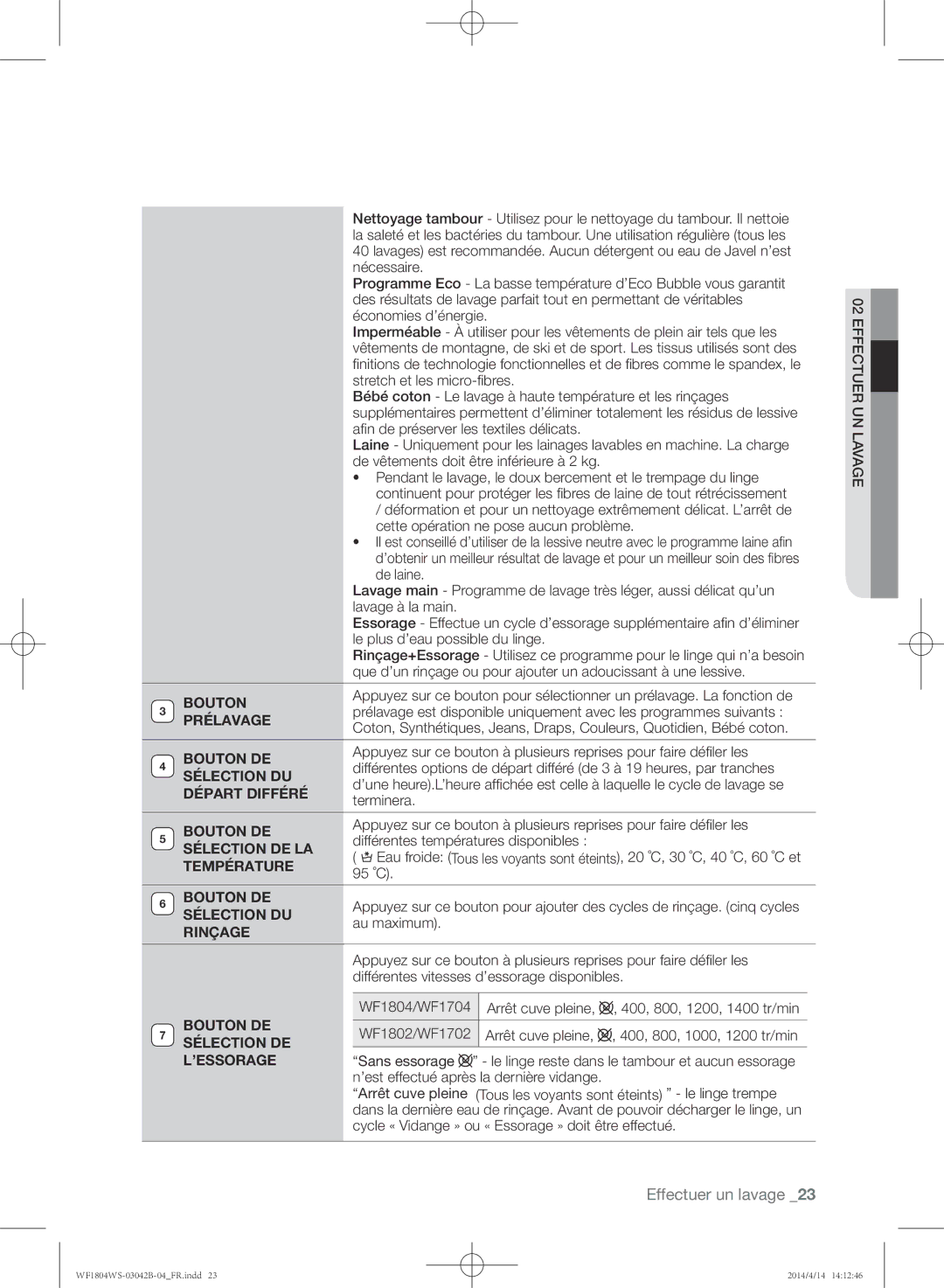 Samsung WF1804WSV2/XEF manual Prélavage, Bouton DE, Sélection DU, Départ Différé, Sélection DE LA, Température, Rinçage 