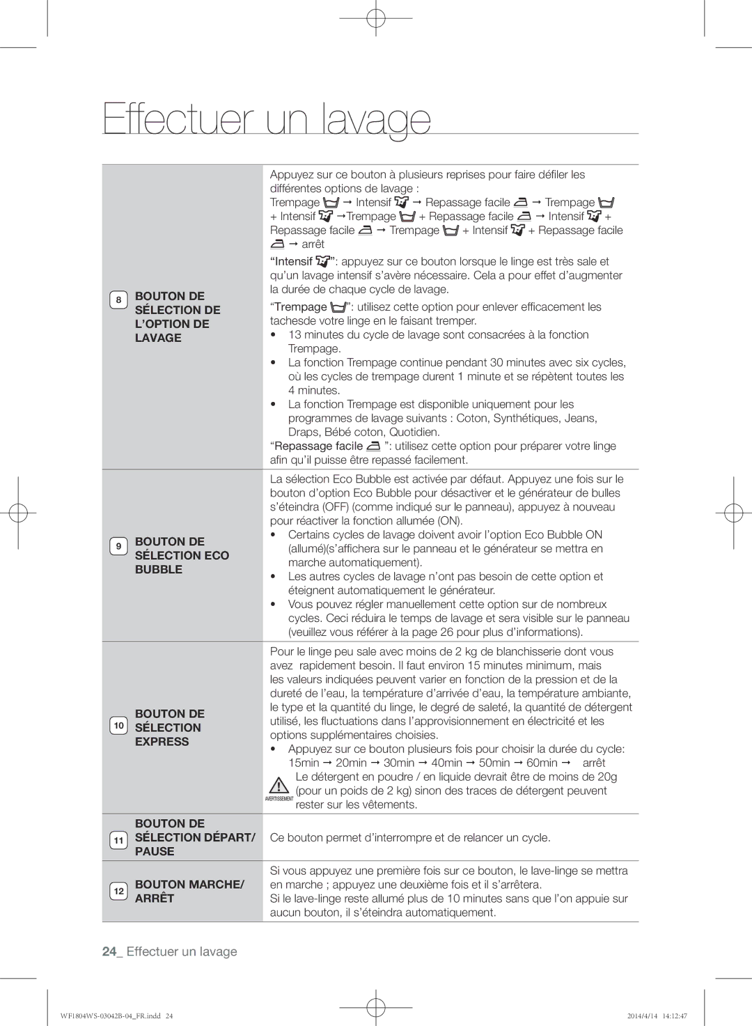 Samsung WF1704WSV/XEF manual Sélection DE, ’Option De, Lavage, Sélection ECO, Bubble, Express, Pause, Bouton Marche, Arrêt 
