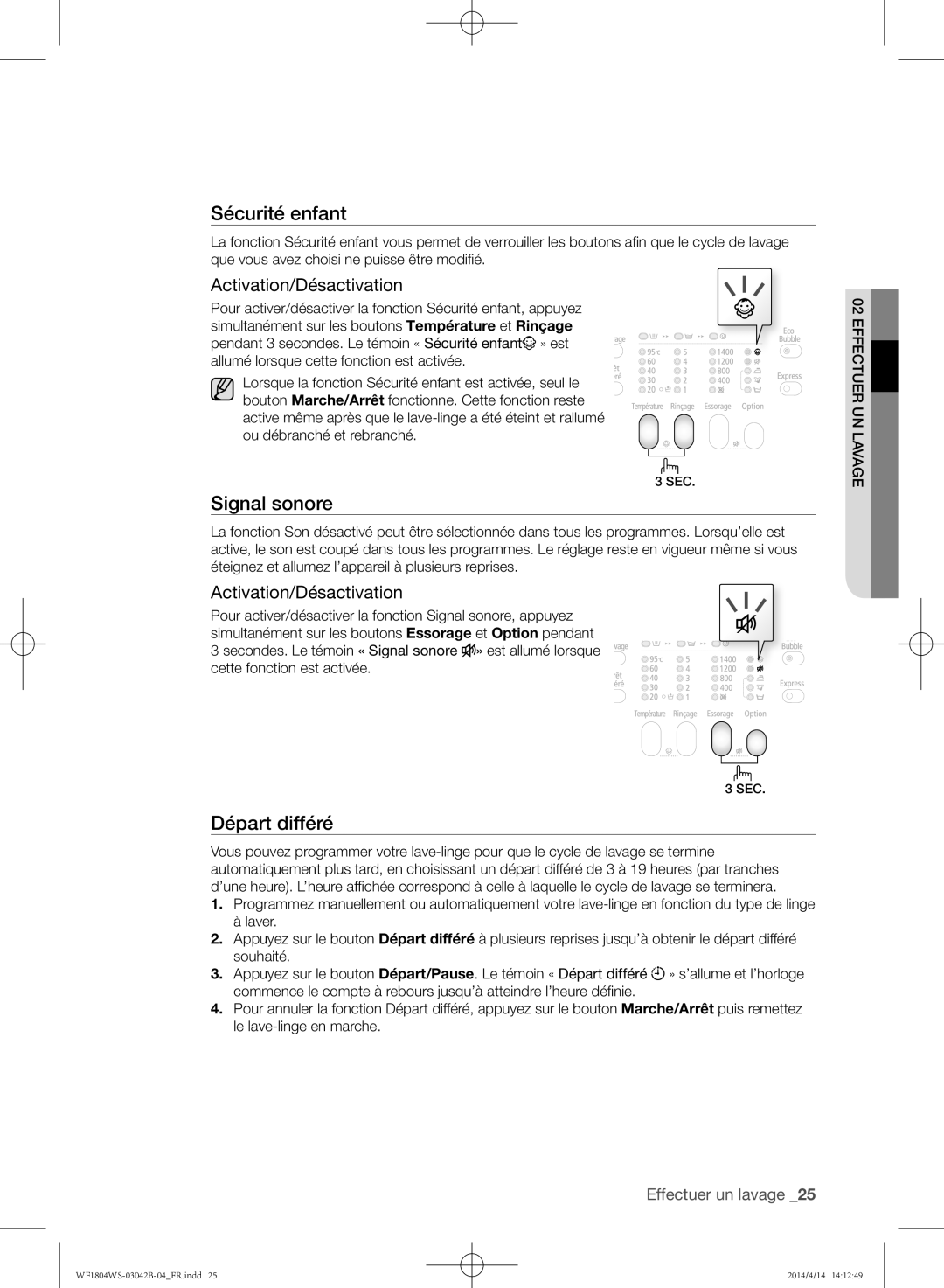 Samsung WF1804WSV/XEF, WF1704WSV/XEF, WF1802WSW2/XEF, WF1802WSW/XEF, WF1704WSV2/XEF Signal sonore, Activation/Désactivation 