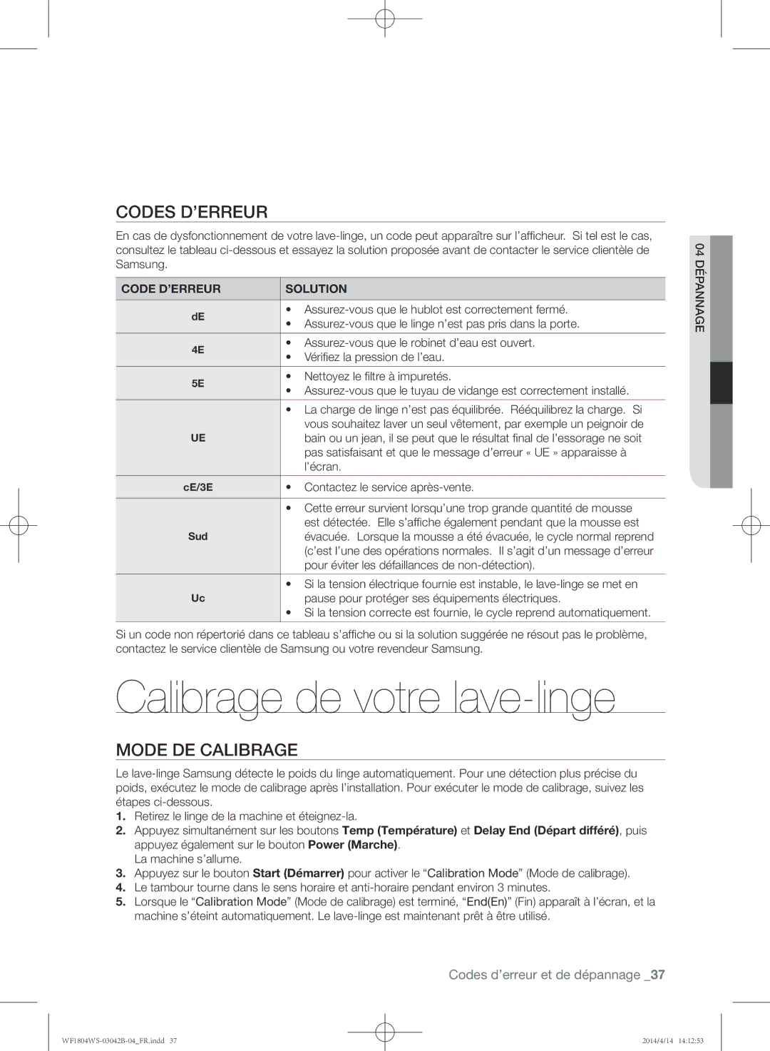 Samsung WF1804WSV/XEF manual Calibrage de votre lave-linge, Codes d’erreur, Mode de calibrage, Code D’ERREUR Solution 