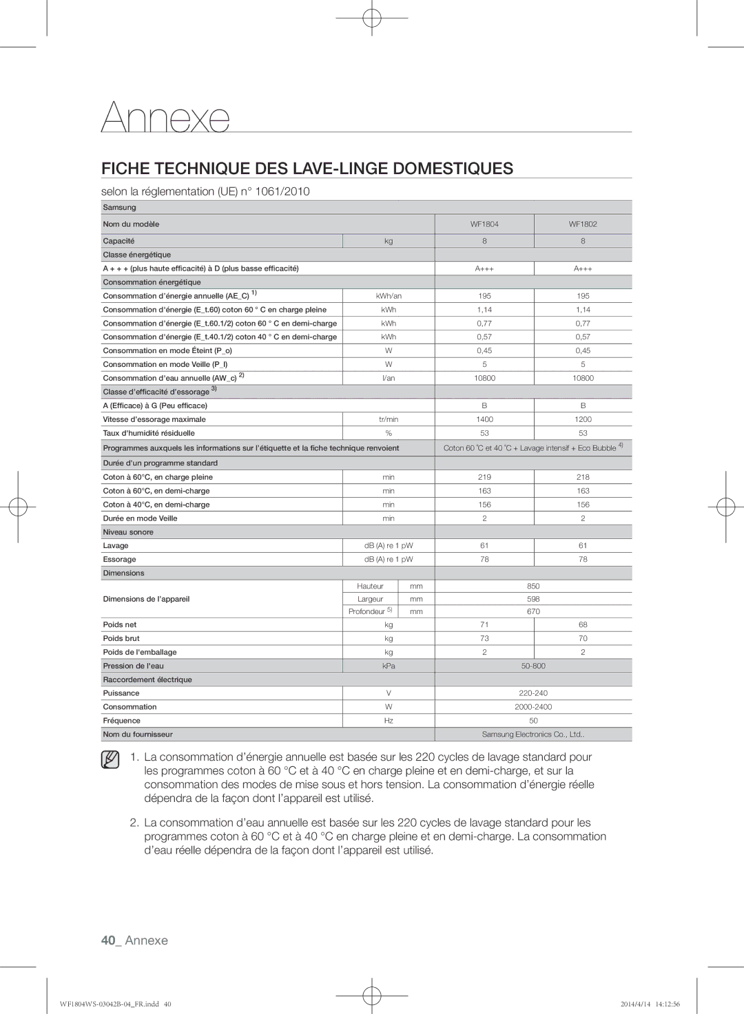 Samsung WF1704WSV2/XEF, WF1704WSV/XEF Fiche technique des lave-linge domestiques, Selon la réglementation UE n 1061/2010 