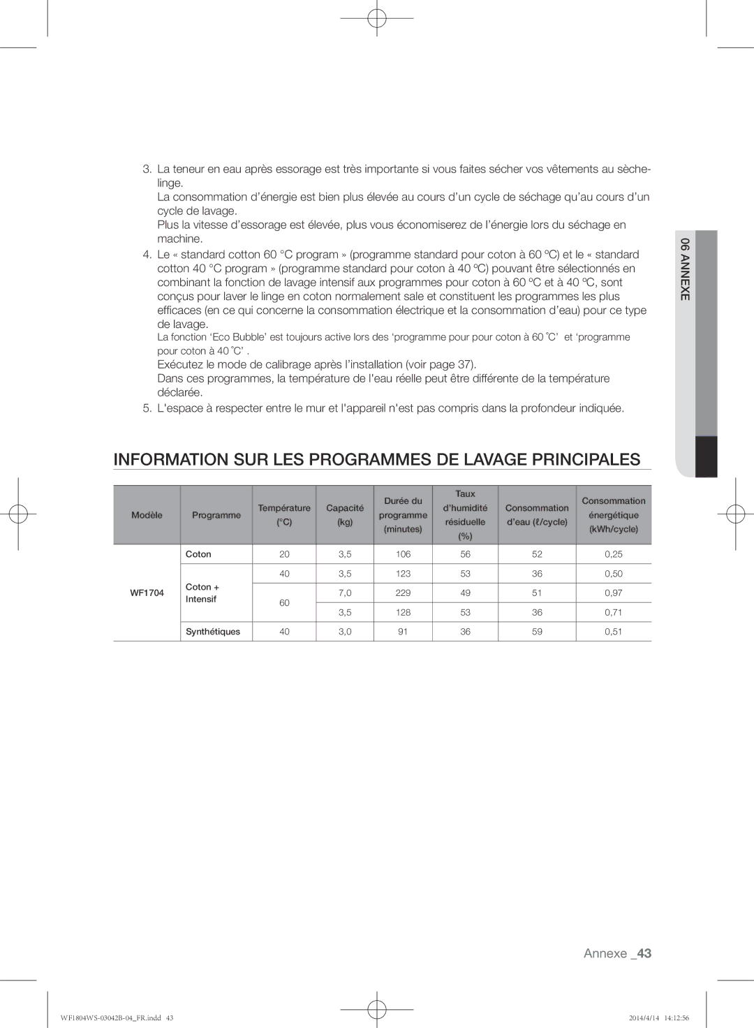 Samsung WF1804WSV/XEF, WF1704WSV/XEF, WF1802WSW2/XEF, WF1802WSW/XEF Information SUR LES Programmes DE Lavage Principales 