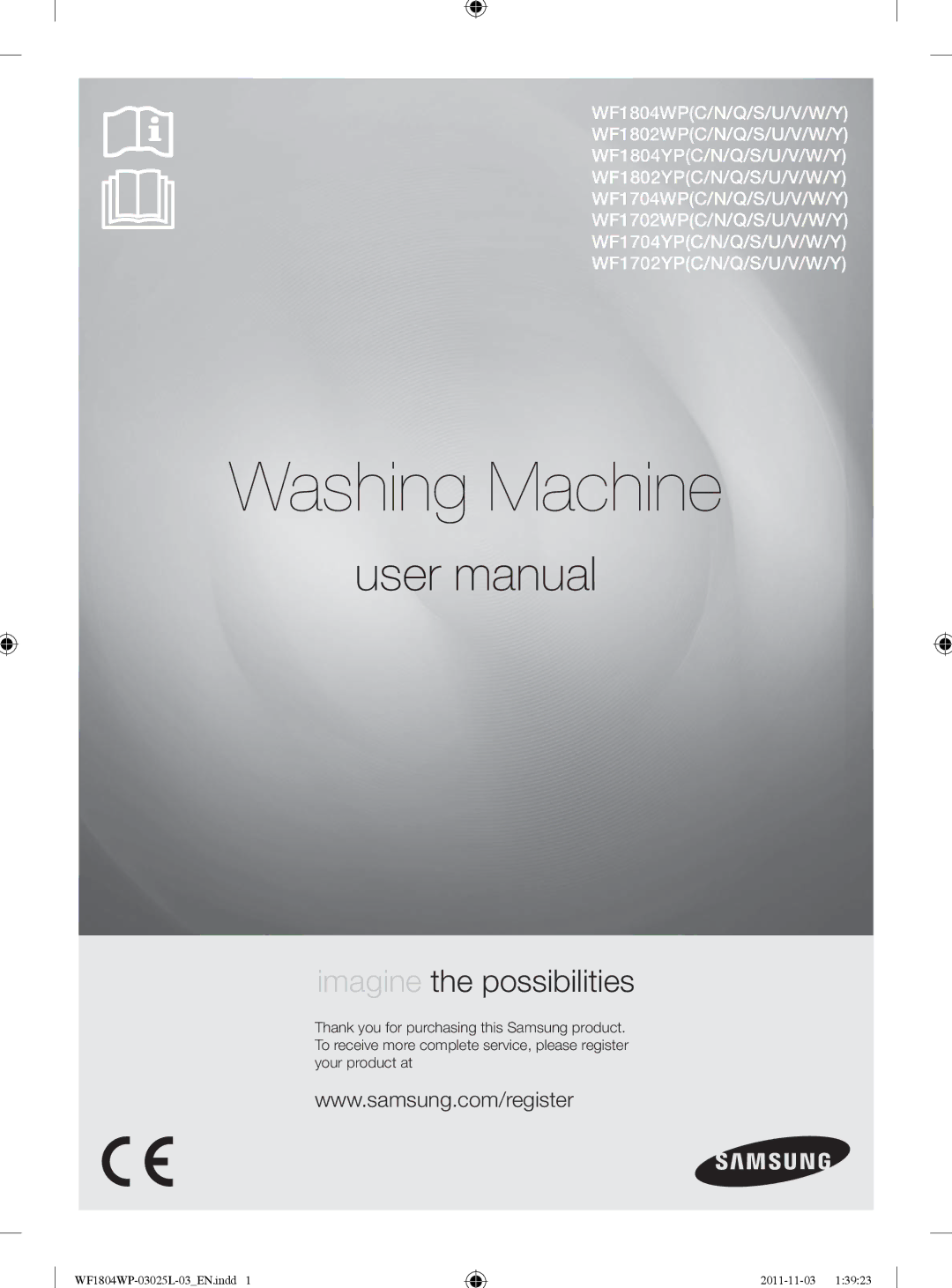 Samsung WF1804YPC2/XEE, WF1704YPC2/XEE, WF1804YPV2/XEE, WF1804YPW2/XEE manual Washing Machine 