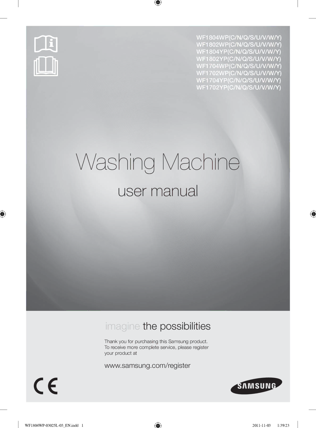 Samsung WF1704YPC2/XEE manual Washing Machine 