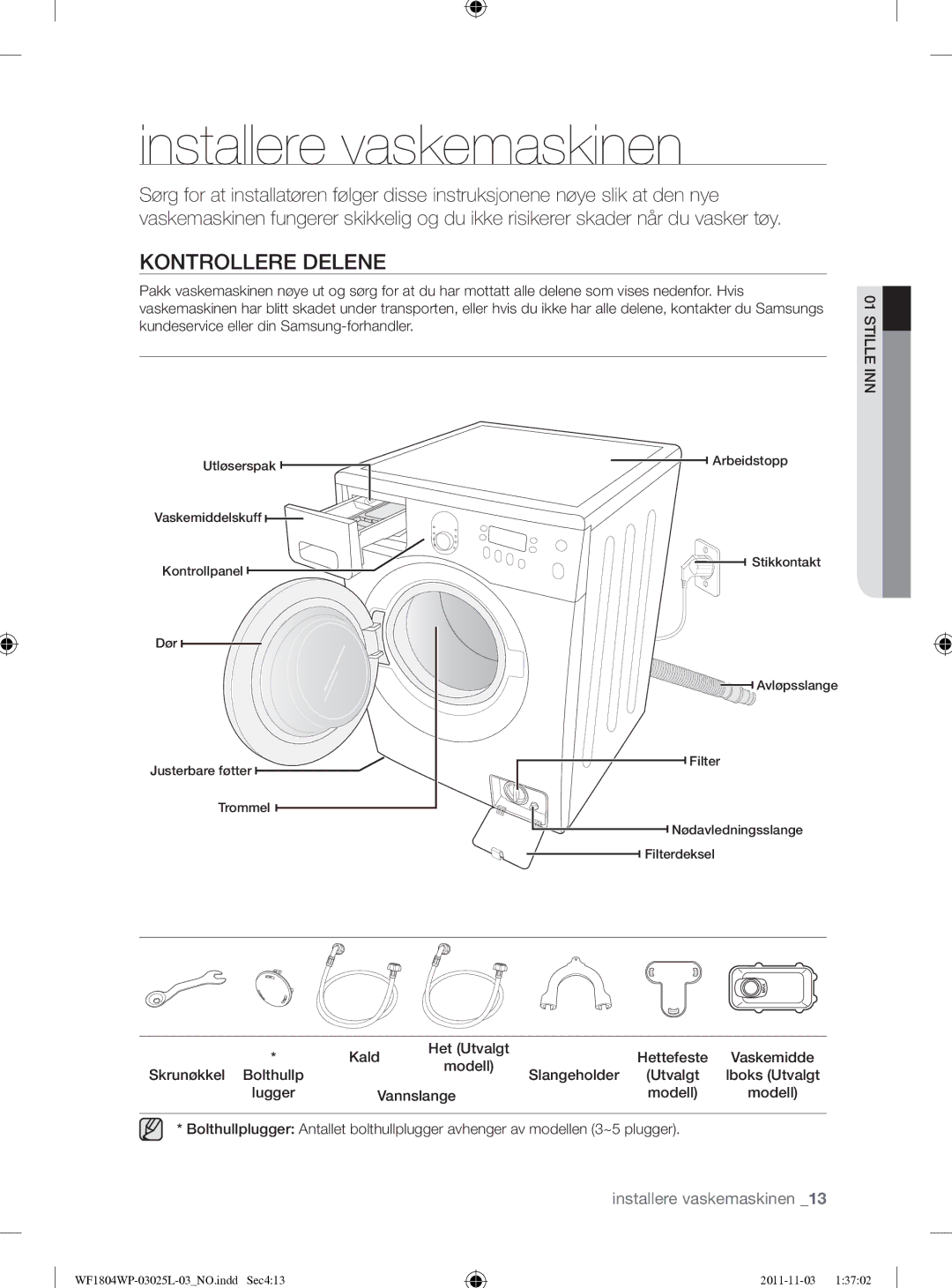 Samsung WF1704YPC2/XEE Installere vaskemaskinen, Kontrollere Delene, Kald Het Utvalgt Hettefeste Vaskemidde, Vannslange 