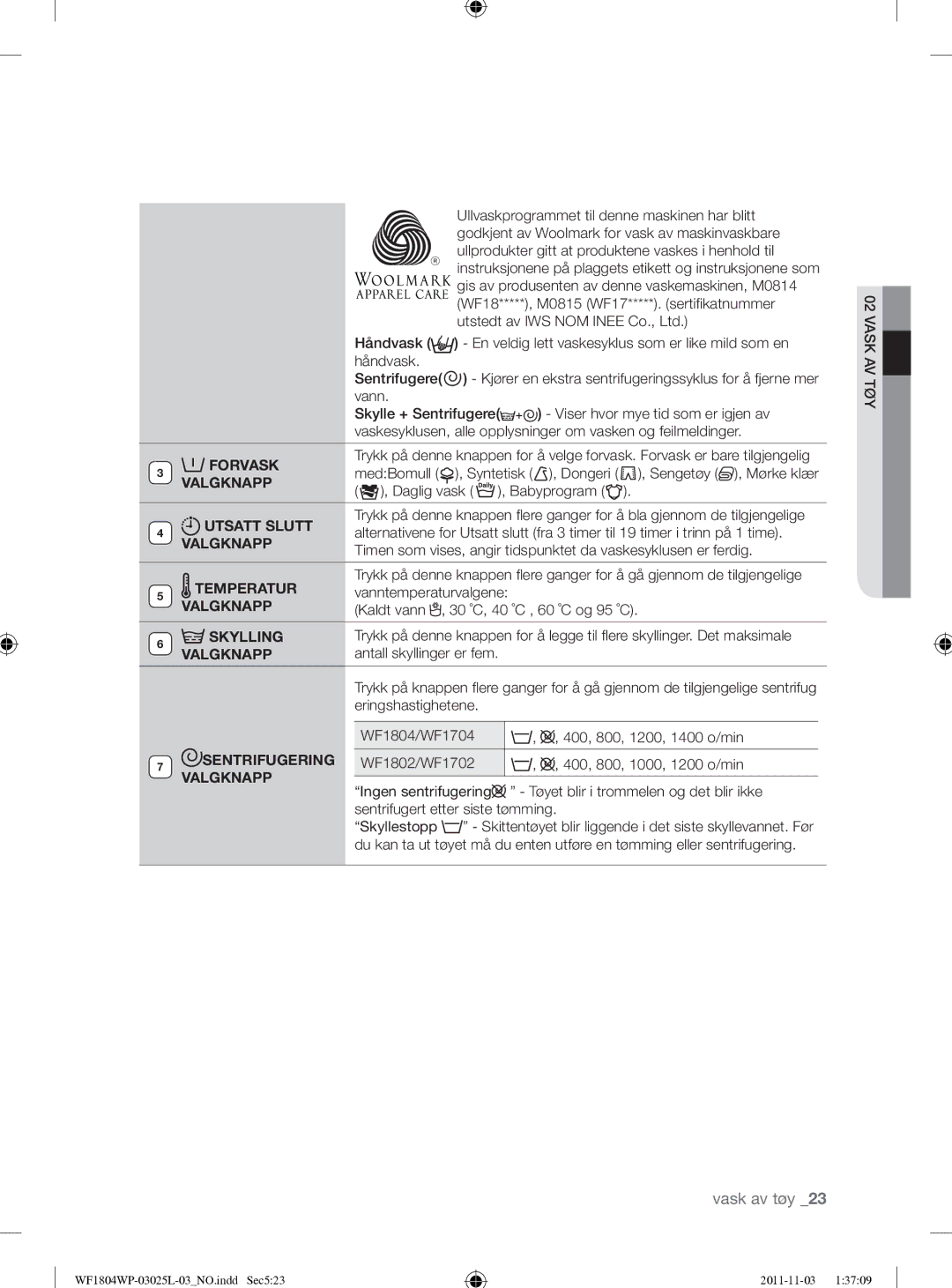 Samsung WF1704YPC2/XEE manual Utsatt Slutt, Temperatur, Sentrifugering Valgknapp 