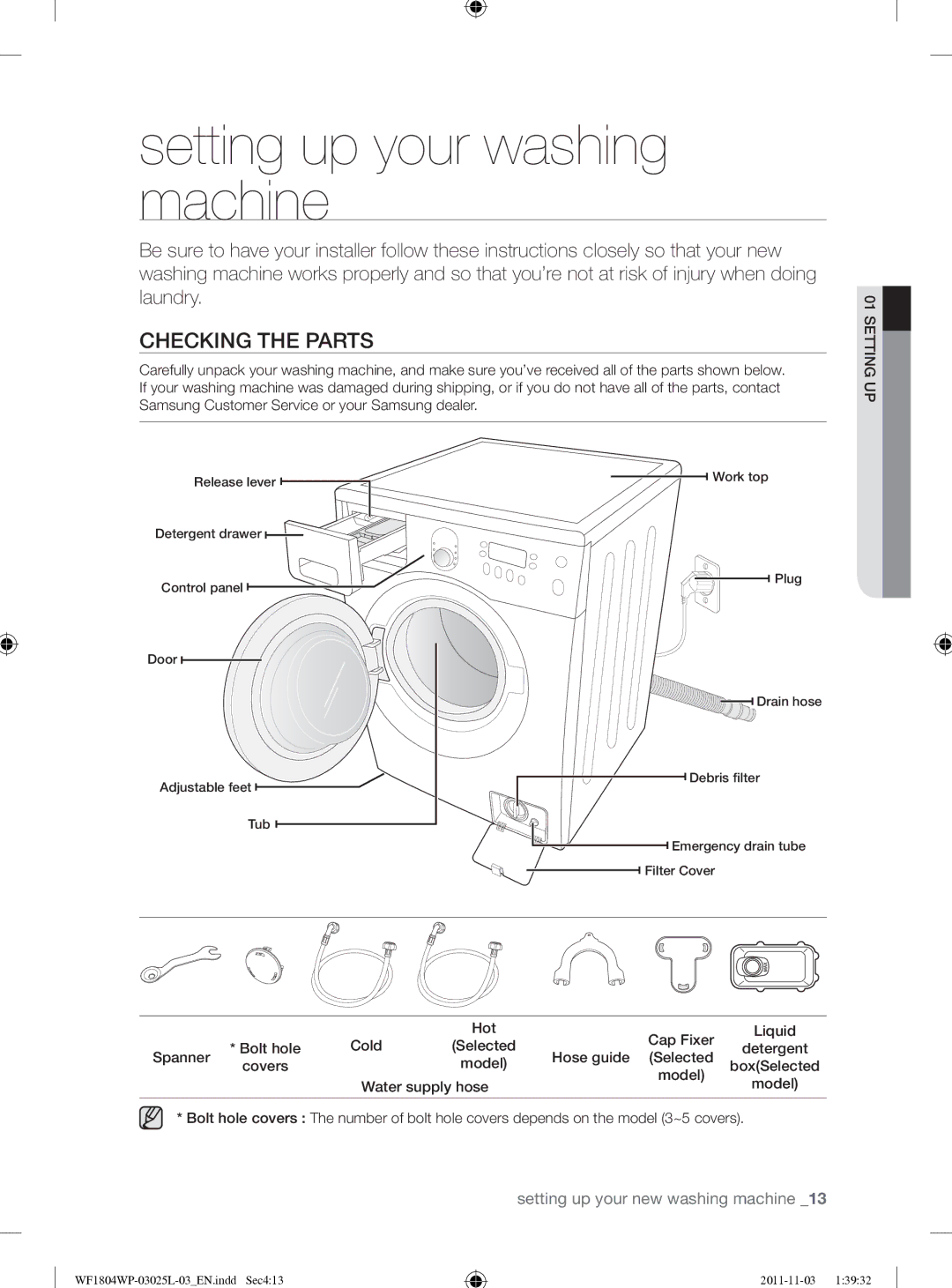 Samsung WF1704YPC2/XEE manual Setting up your washing machine, Checking the Parts 