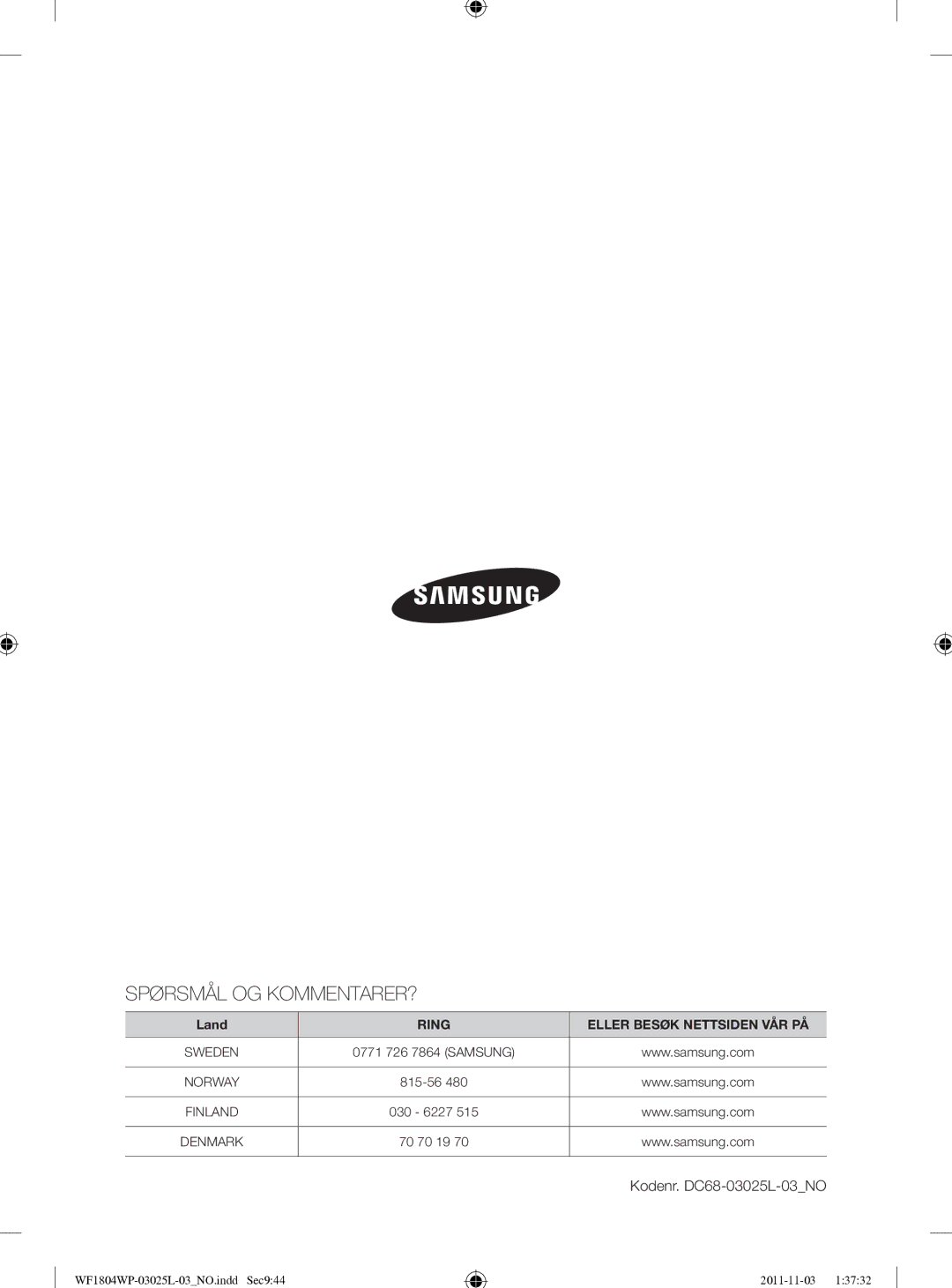 Samsung WF1704YPC2/XEE manual Spørsmål OG KOMMENTARER?, Kodenr. DC68-03025L-03NO 