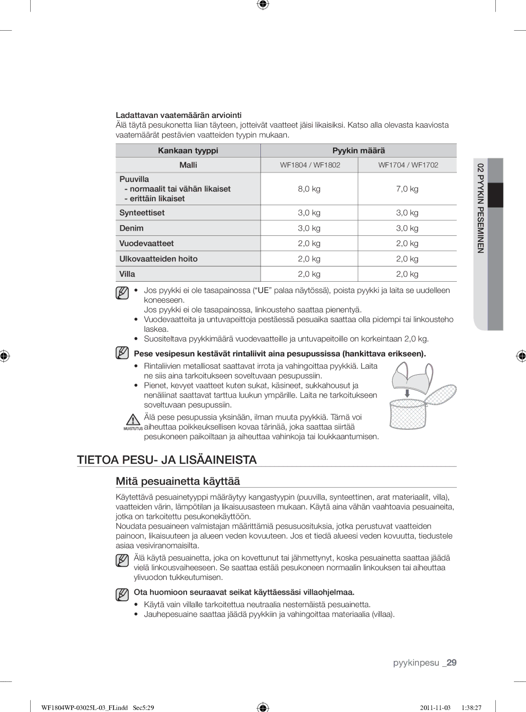 Samsung WF1704YPC2/XEE manual Tietoa PESU- JA Lisäaineista, Mitä pesuainetta käyttää, Kankaan tyyppi Pyykin määrä, Malli 