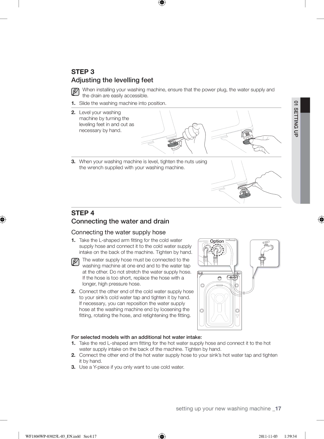 Samsung WF1704YPC2/XEE Adjusting the levelling feet, Connecting the water and drain, Connecting the water supply hose 