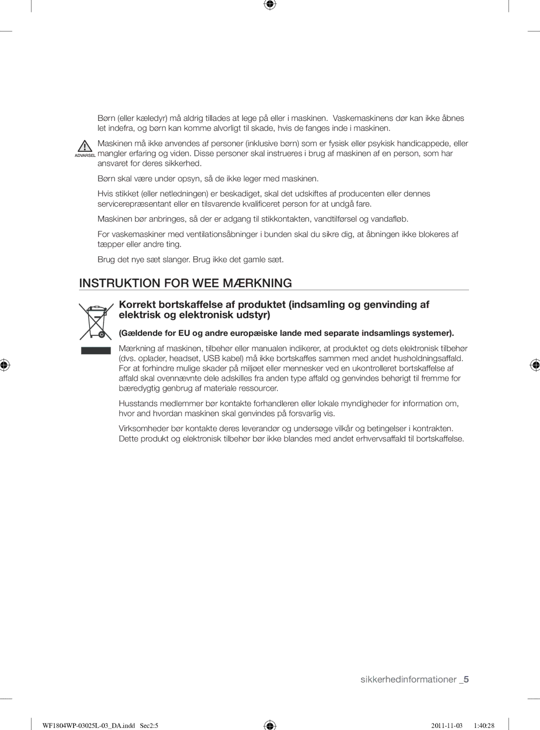 Samsung WF1704YPC2/XEE manual Instruktion for WEE Mærkning 