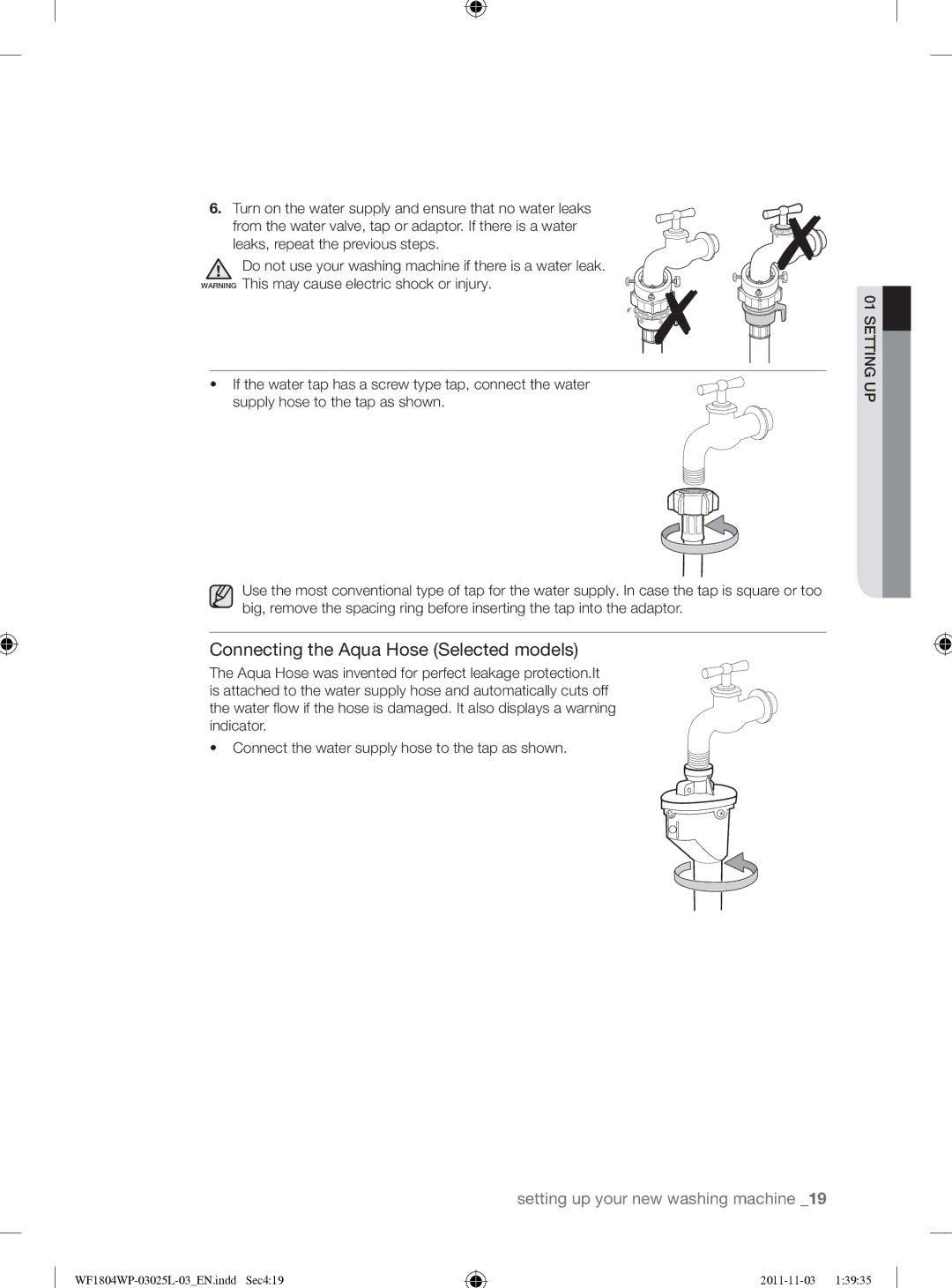 Samsung WF1704YPC2/XEE manual Connecting the Aqua Hose Selected models 