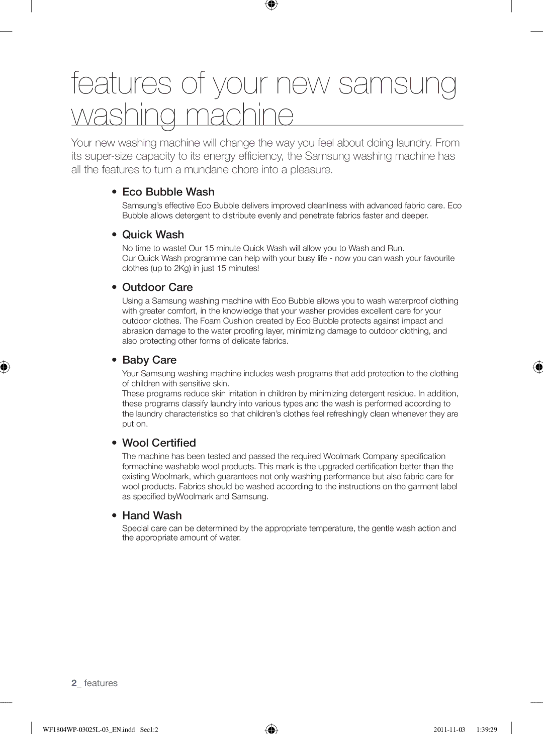 Samsung WF1704YPC2/XEE manual Features of your new samsung washing machine 