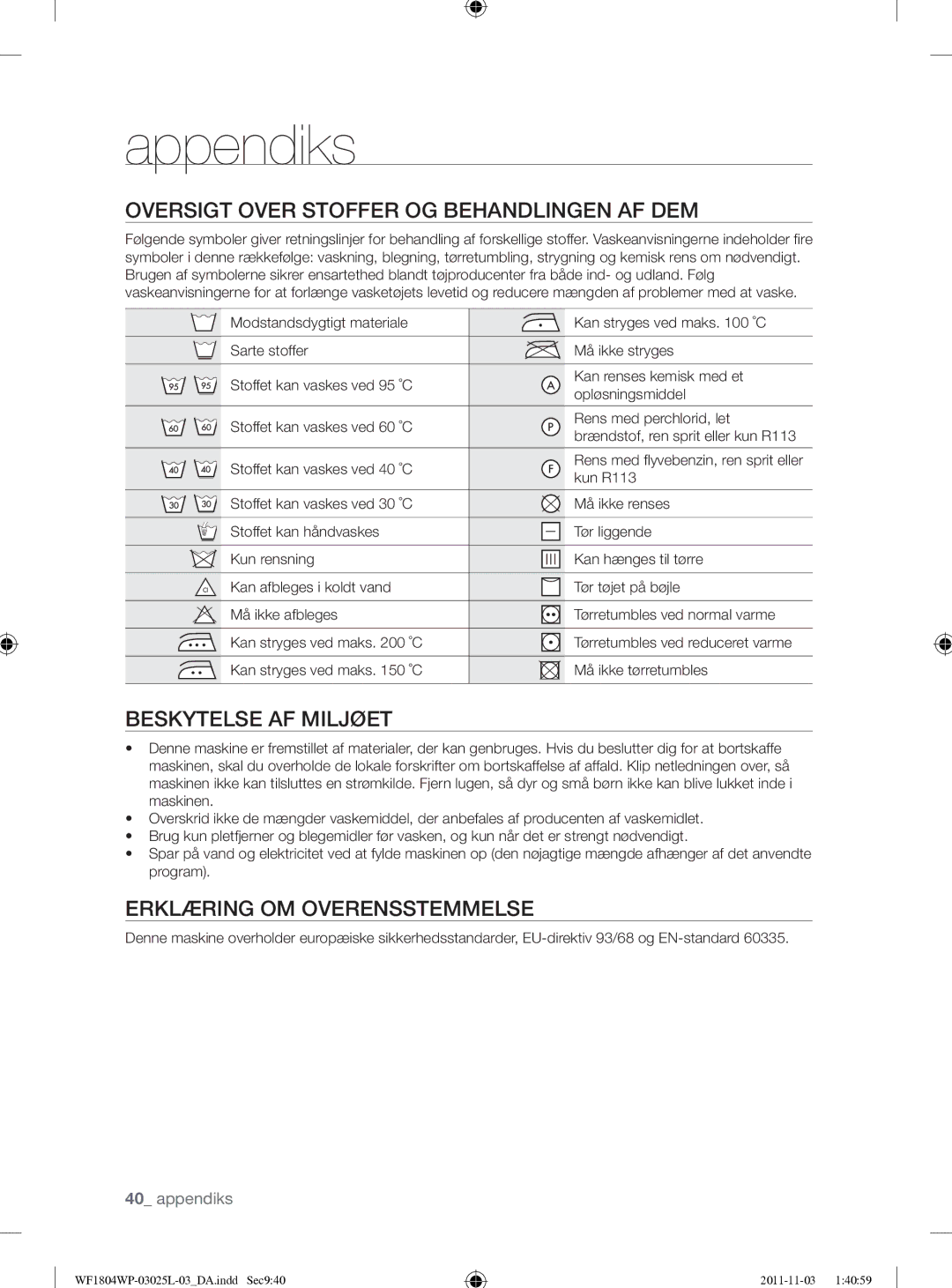 Samsung WF1704YPC2/XEE manual Appendiks, Oversigt Over Stoffer OG Behandlingen AF DEM, Beskytelse AF Miljøet 