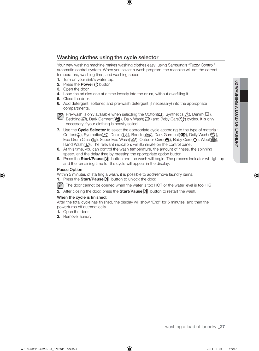 Samsung WF1704YPC2/XEE manual Washing clothes using the cycle selector 