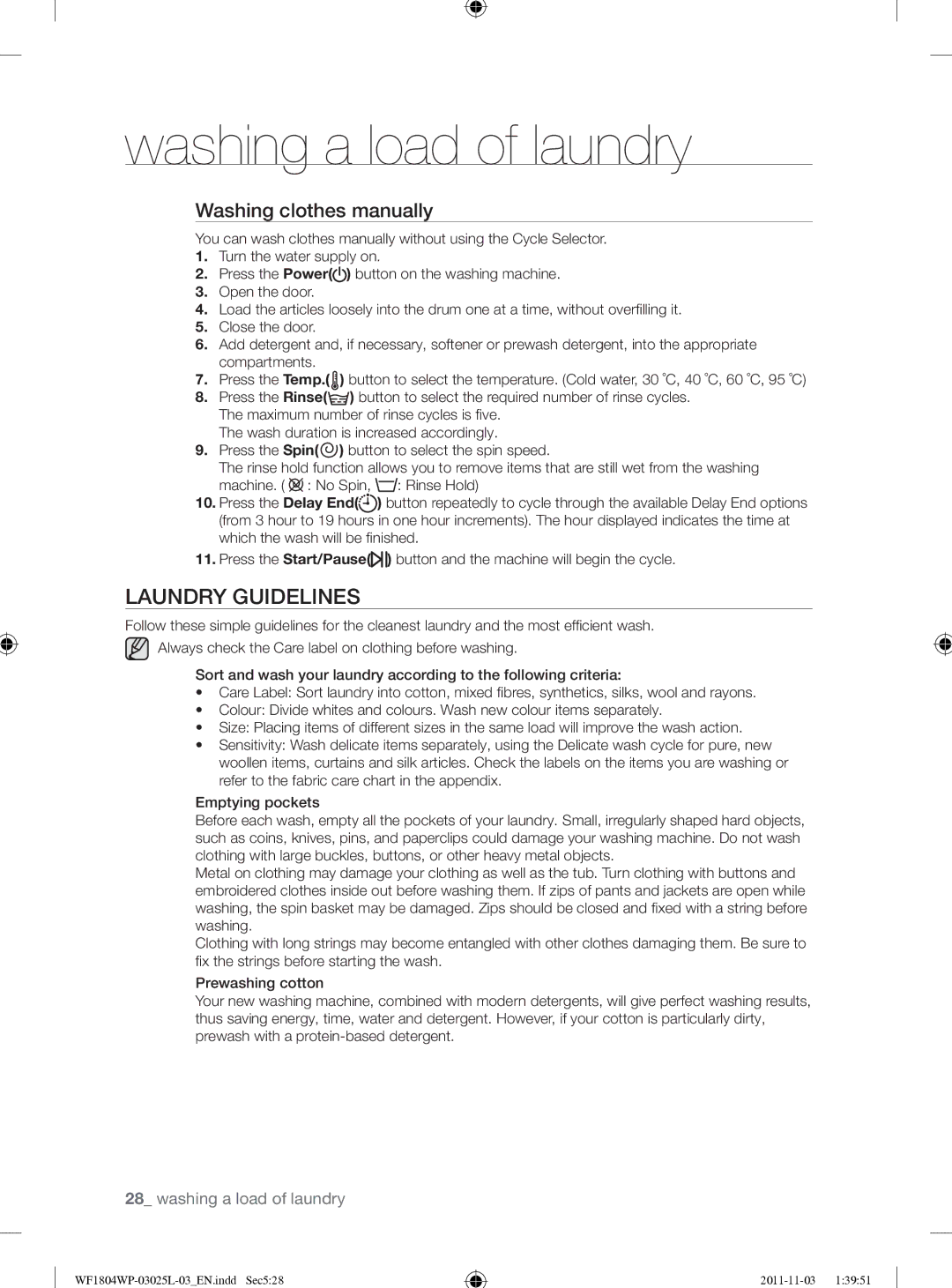 Samsung WF1704YPC2/XEE Laundry Guidelines, Washing clothes manually 