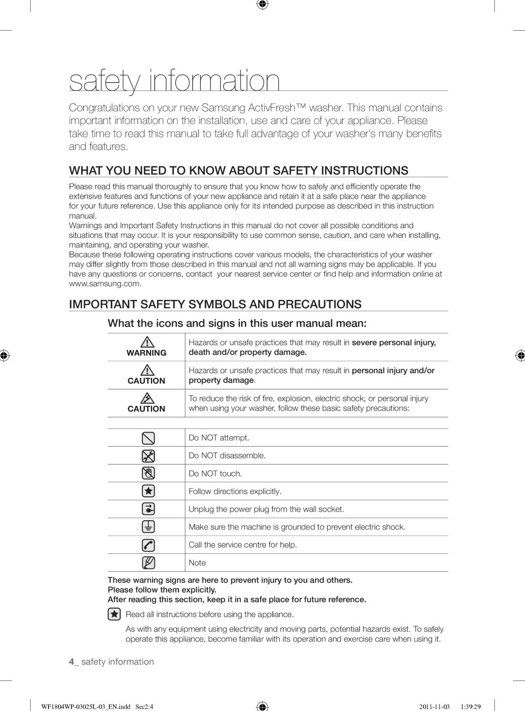 Samsung WF1704YPC2/XEE manual Safety information 