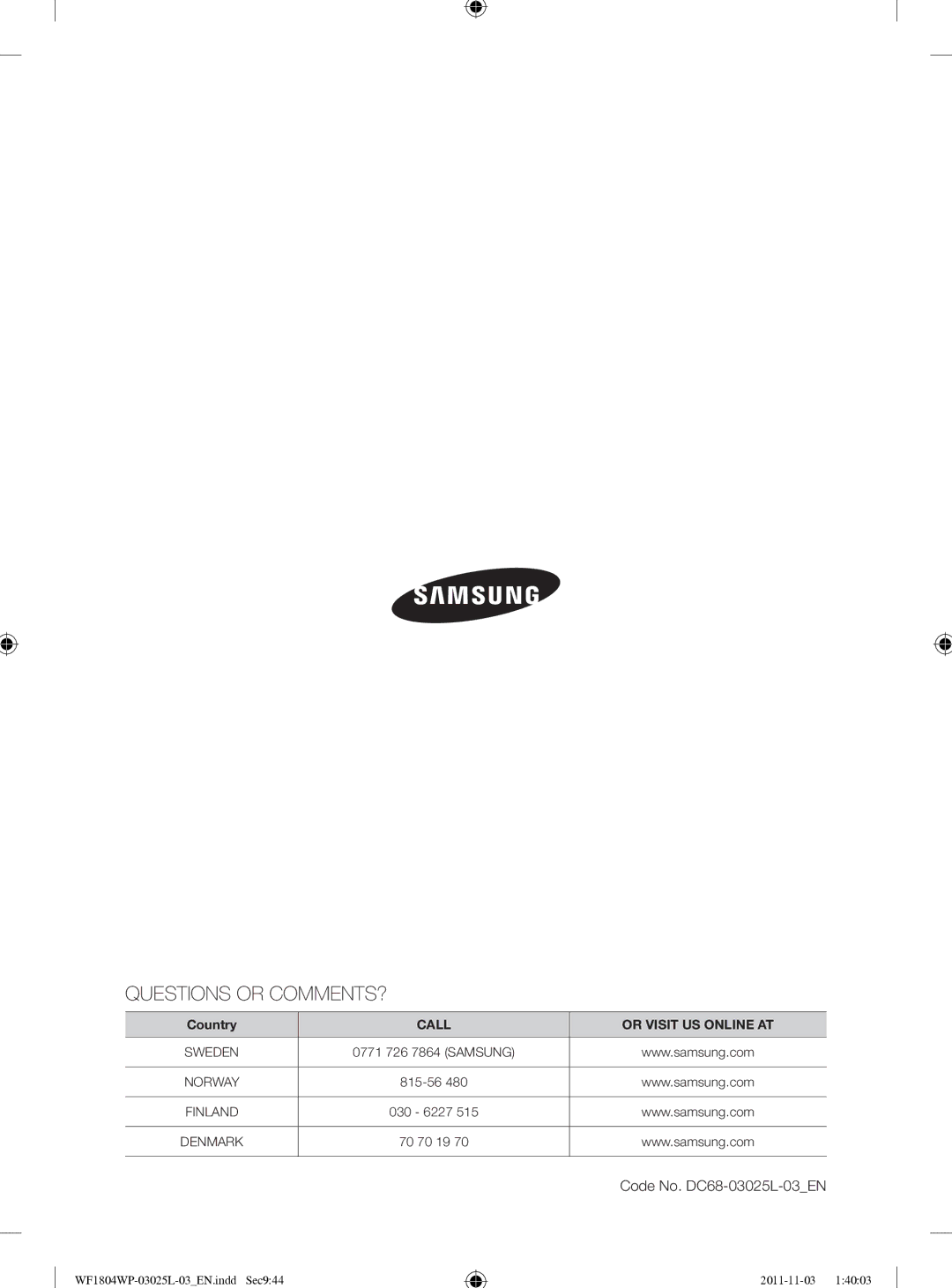 Samsung WF1704YPC2/XEE manual Questions or COMMENTS?, Code No. DC68-03025L-03EN 