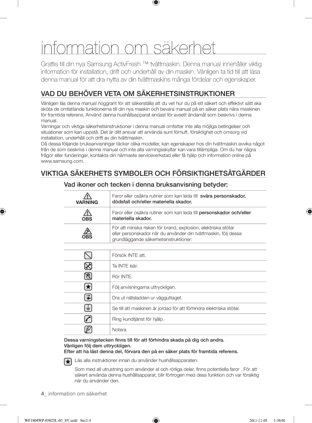 Samsung WF1704YPC2/XEE manual Information om säkerhet, VAD DU Behöver Veta OM Säkerhetsinstruktioner 