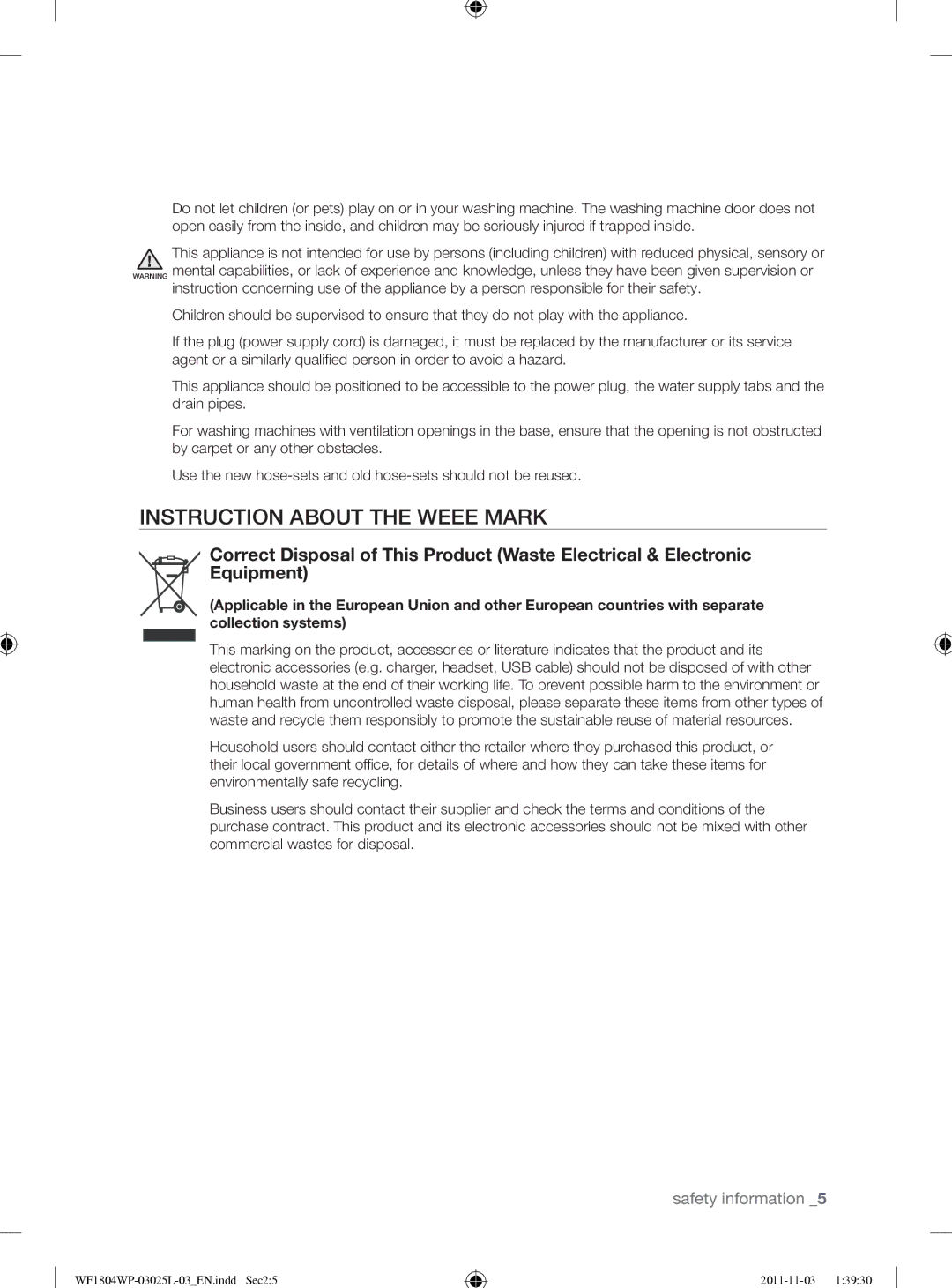 Samsung WF1704YPC2/XEE manual Instruction about the Weee Mark 