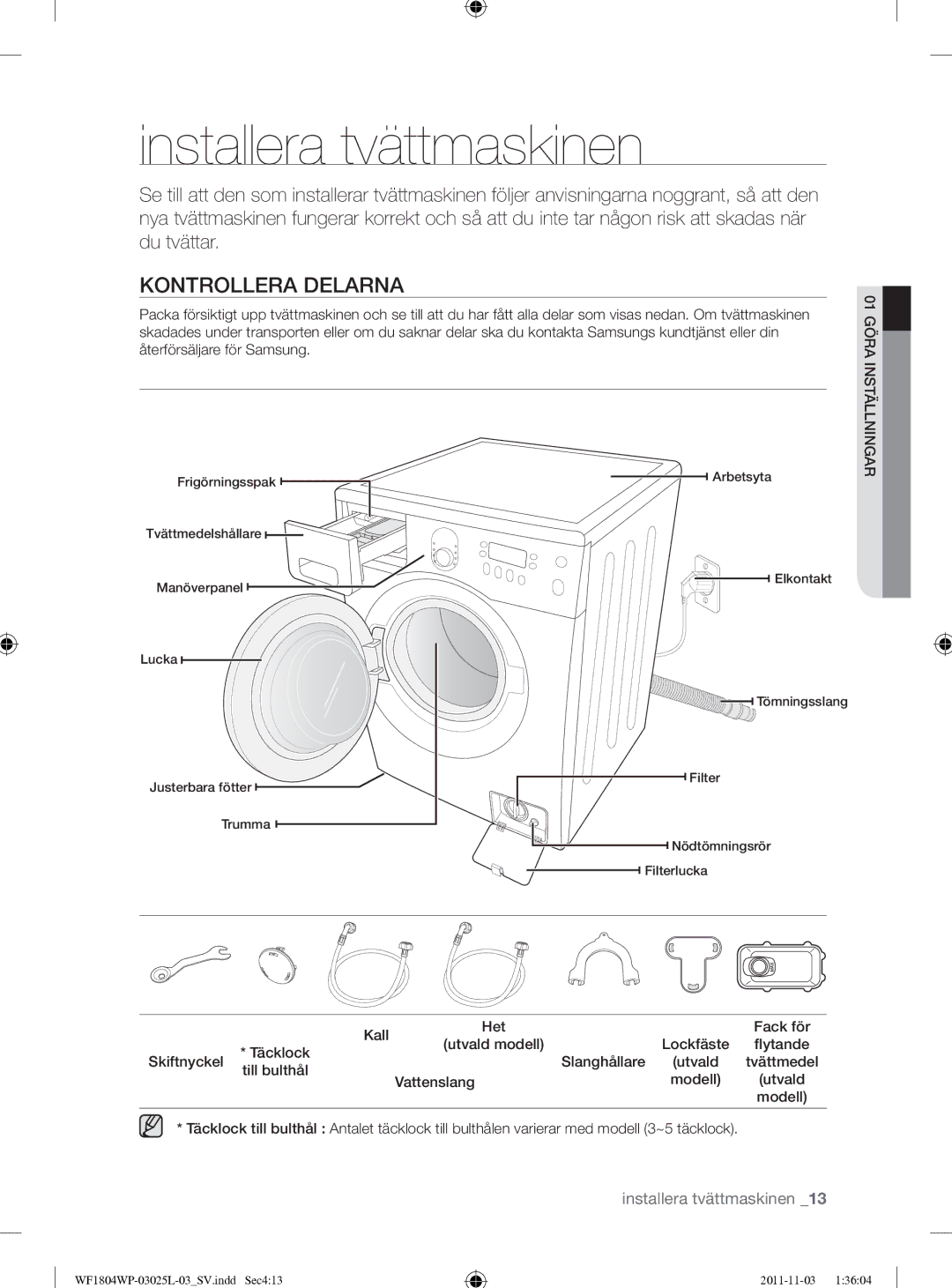 Samsung WF1704YPC2/XEE manual Installera tvättmaskinen, Kontrollera Delarna, Kall Het Fack för, Till bulthål Vattenslang 