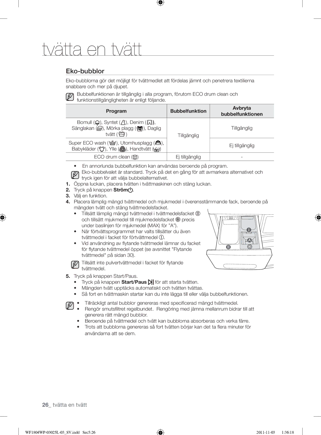 Samsung WF1704YPC2/XEE manual Eko-bubblor, Program, Bubbelfunktionen 