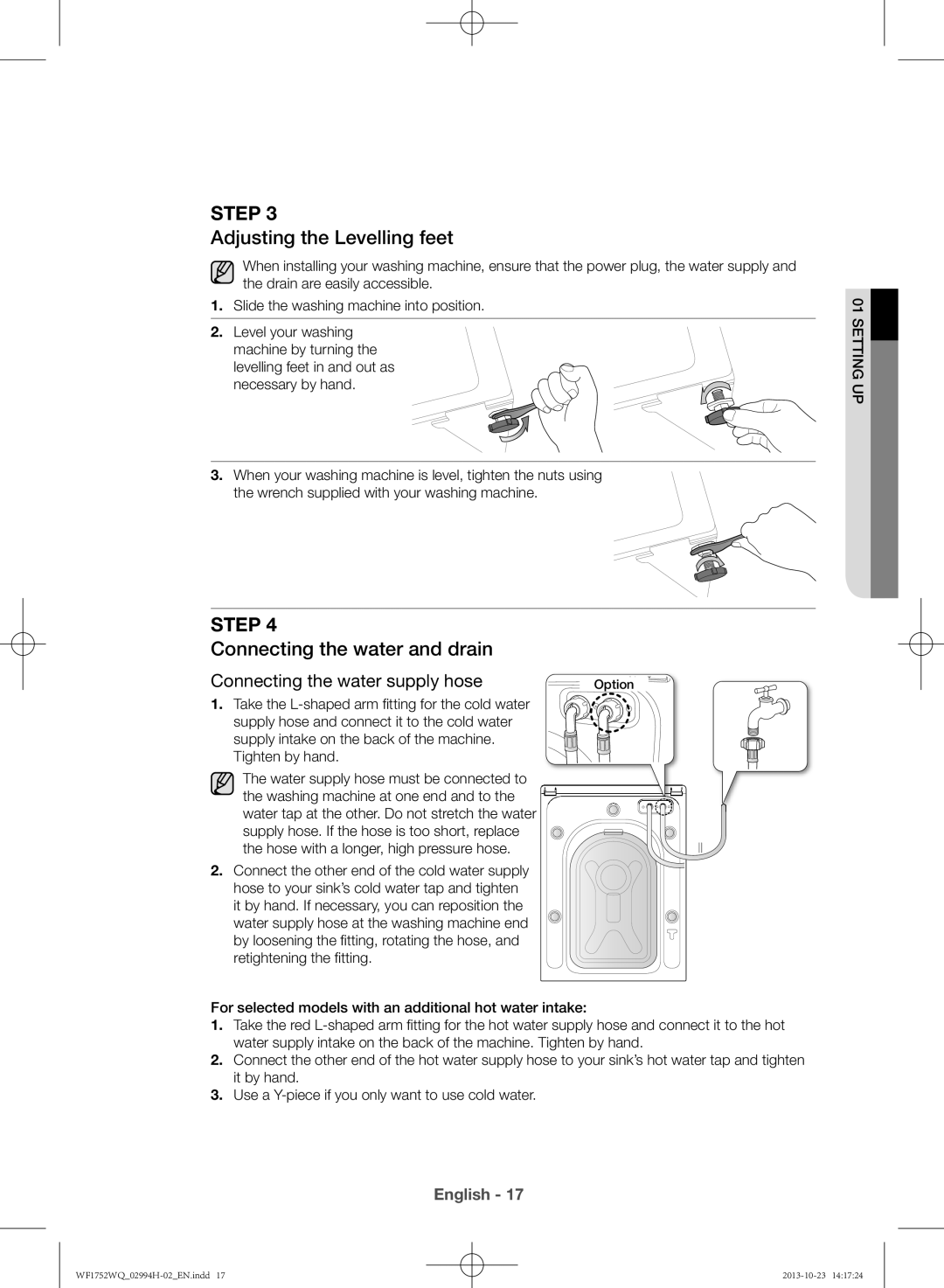 Samsung WF1752WQU9/XSV manual Adjusting the Levelling feet, Connecting the water and drain 