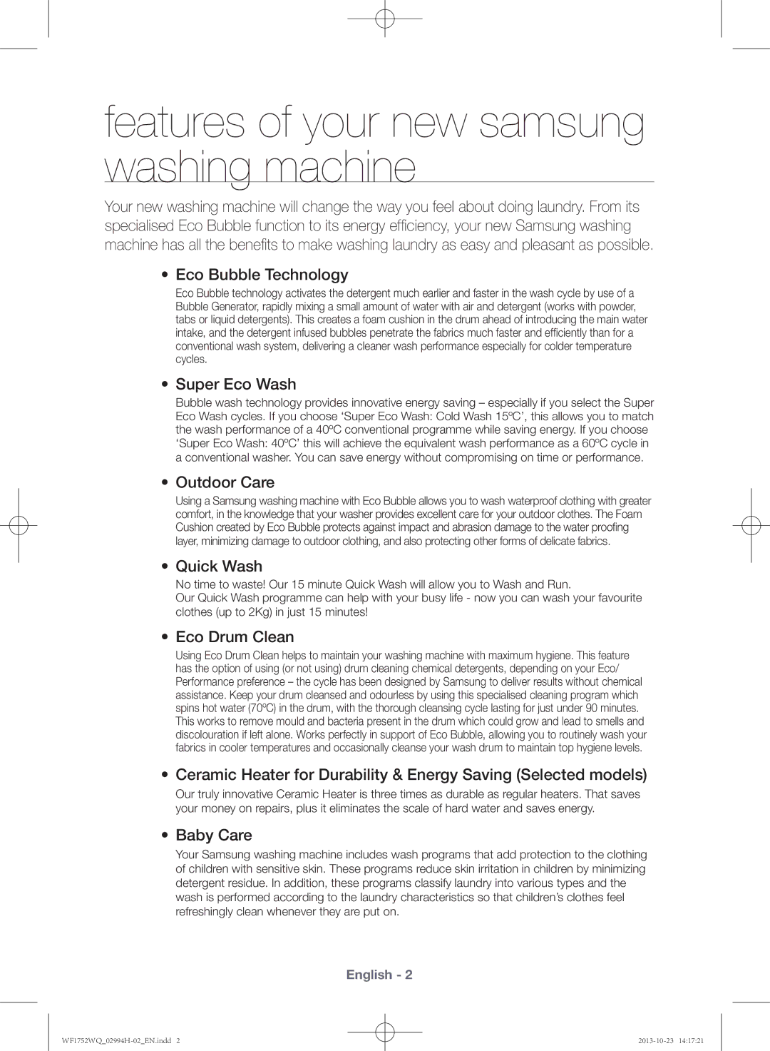 Samsung WF1752WQU9/XSV manual Features of your new samsung washing machine 