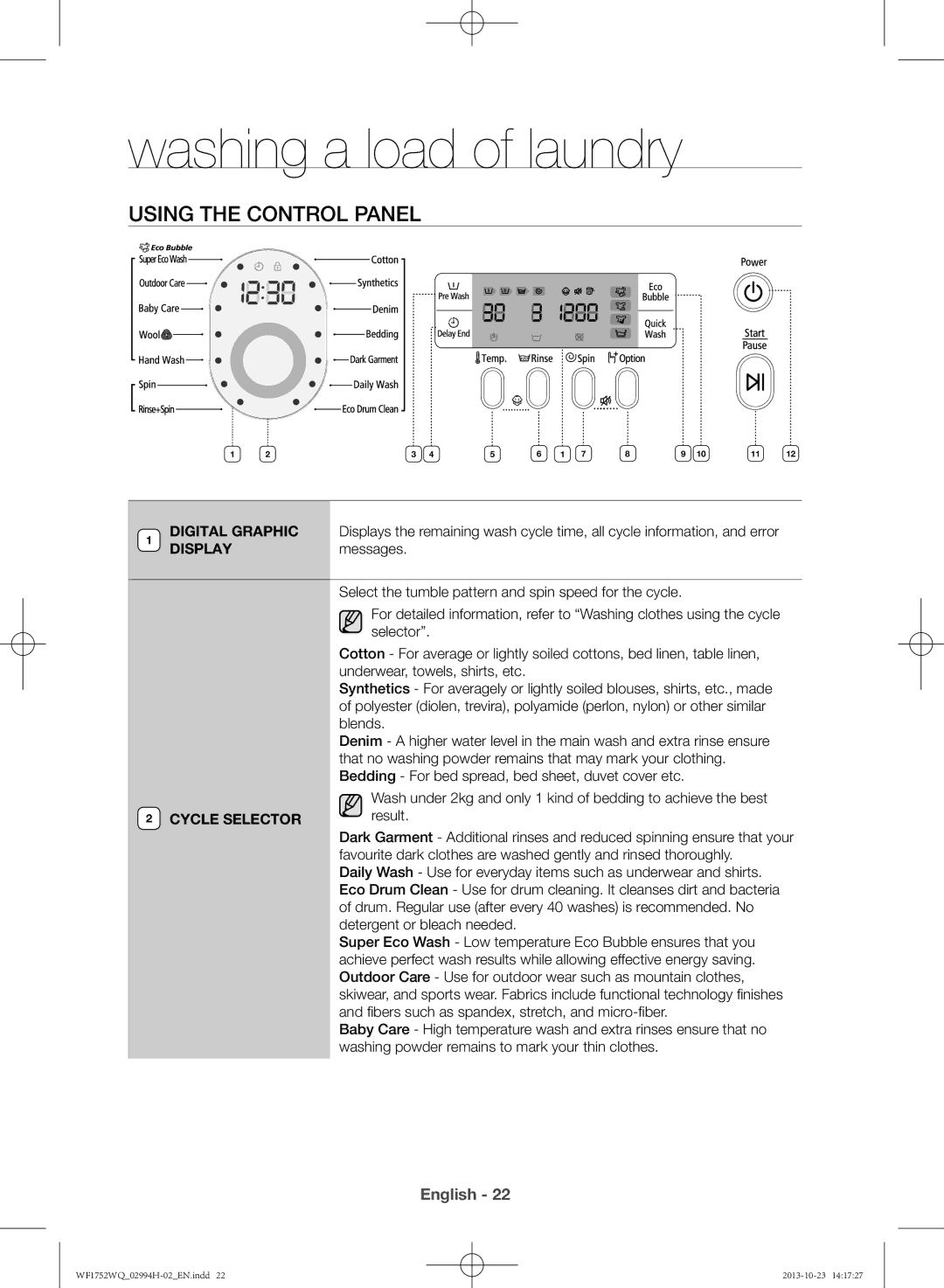 Samsung WF1752WQU9/XSV manual Using the control panel, Cycle Selector, Result 