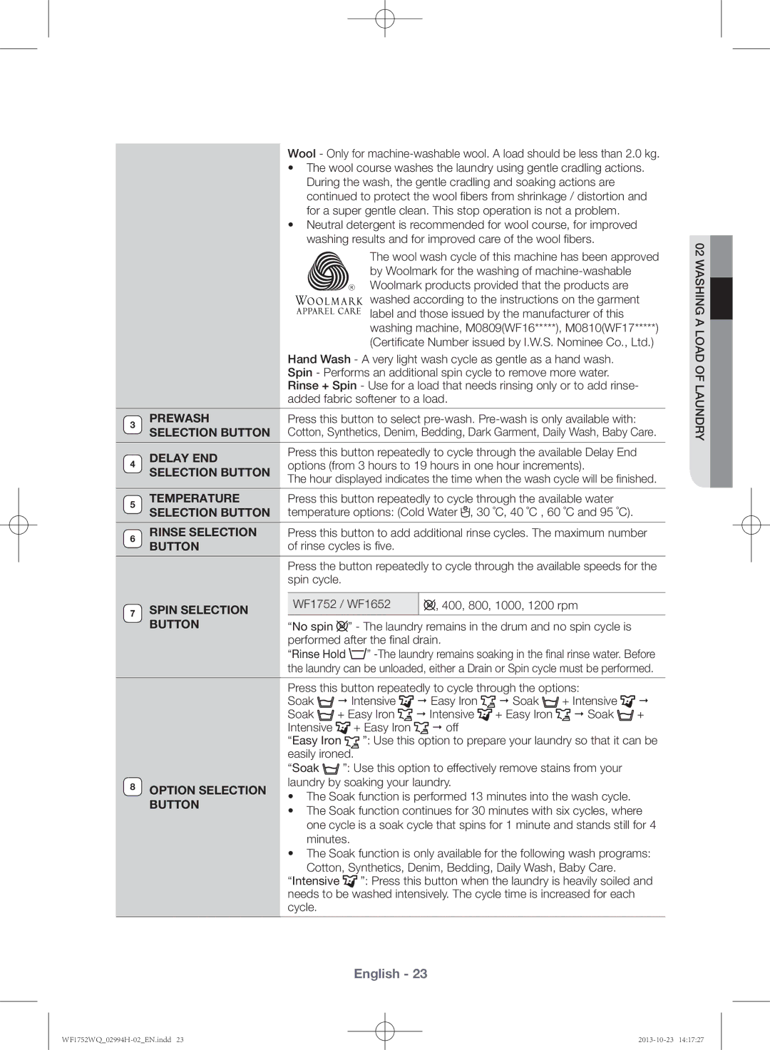 Samsung WF1752WQU9/XSV manual Prewash, Selection Button, Delay END, Temperature, Spin Selection, Option Selection 