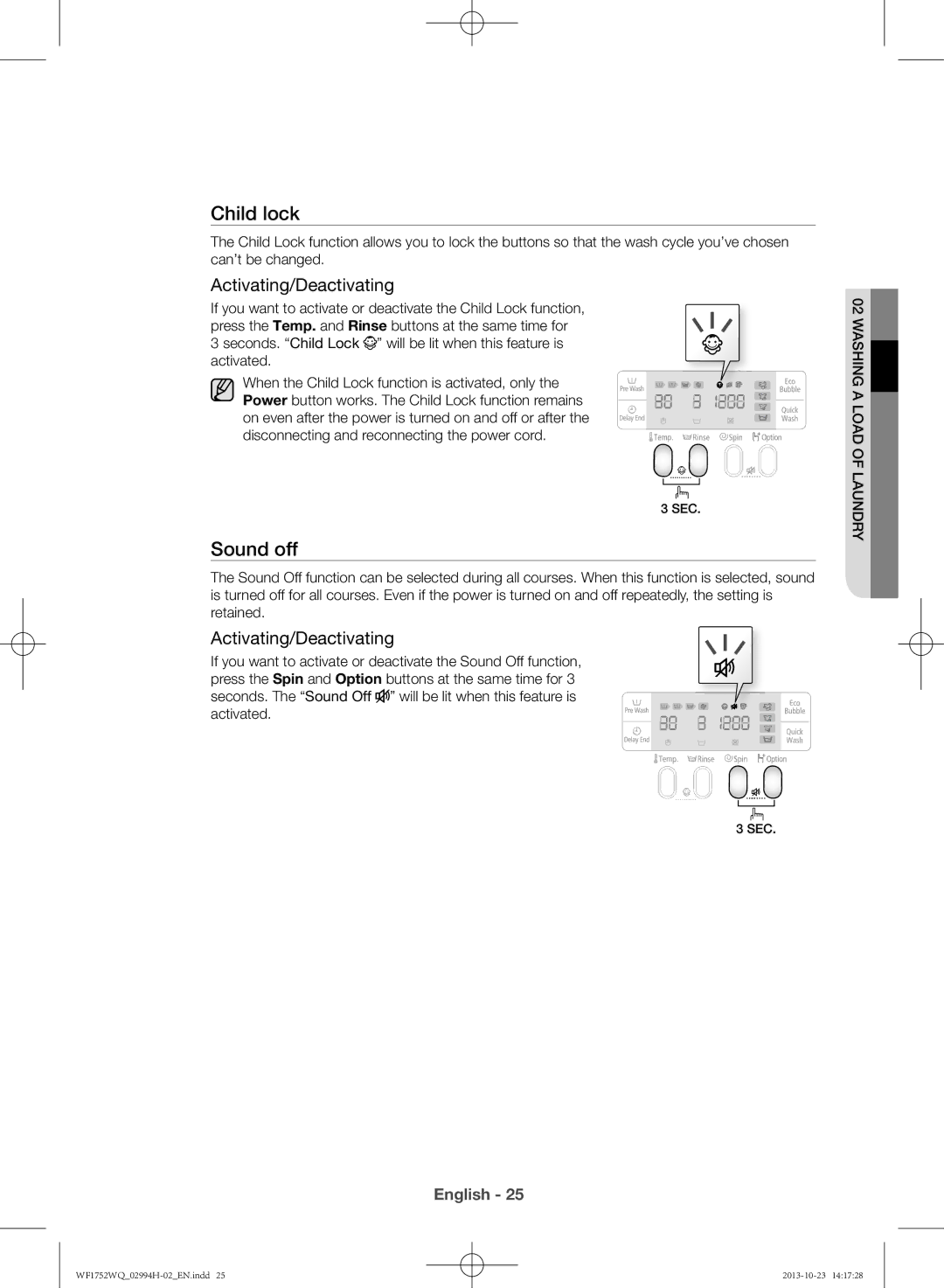 Samsung WF1752WQU9/XSV manual Sound off, Activating/Deactivating 