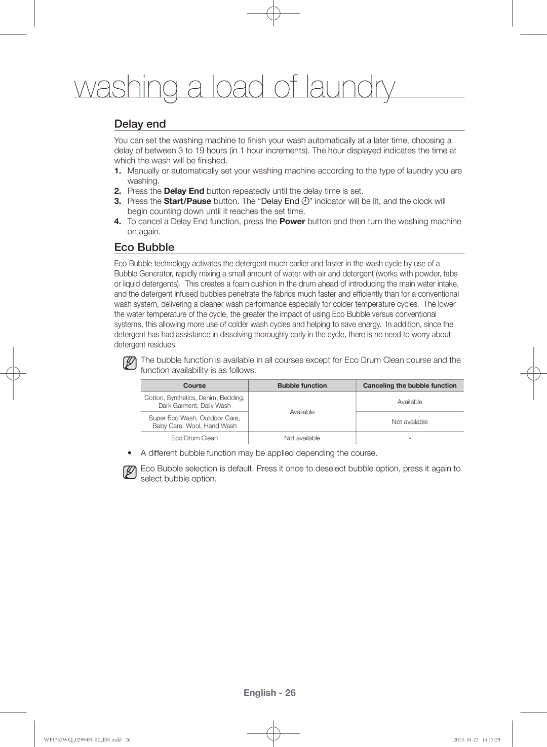 Samsung WF1752WQU9/XSV manual Eco Bubble, Course Bubble function Canceling the bubble function 