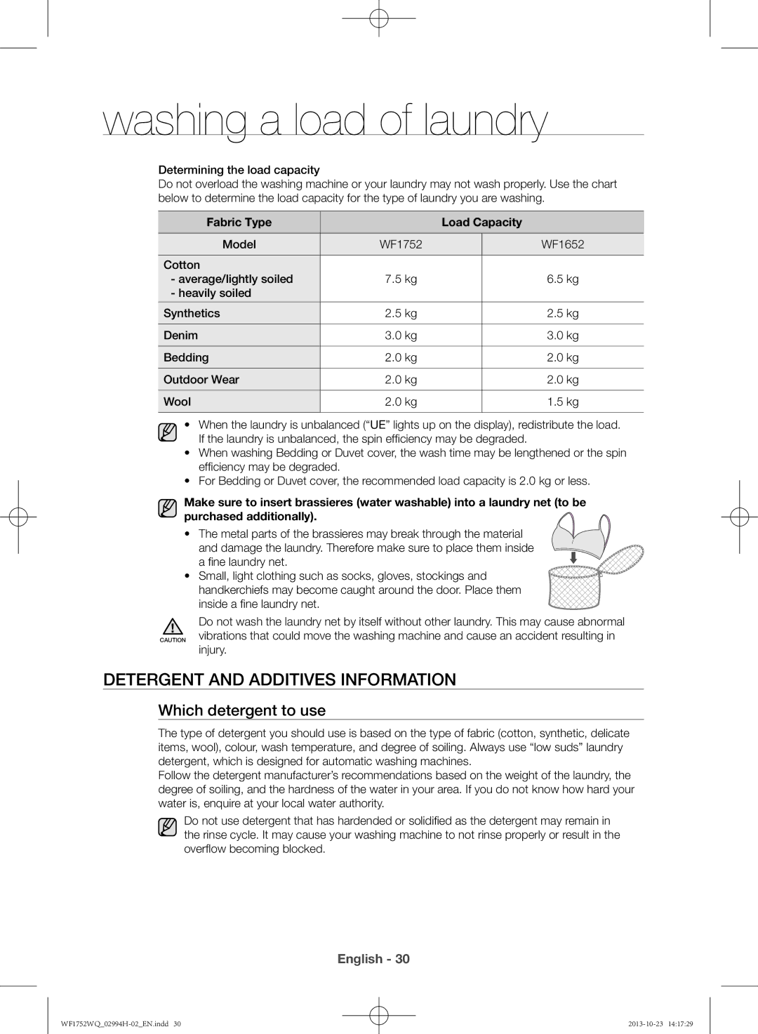 Samsung WF1752WQU9/XSV manual Detergent and additives information, Which detergent to use, Fabric Type Load Capacity 