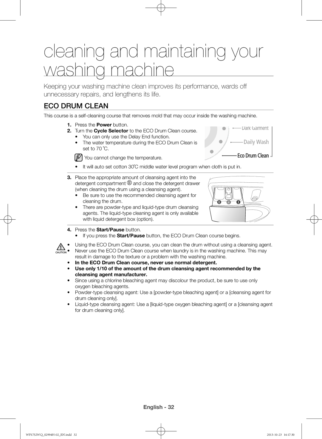 Samsung WF1752WQU9/XSV manual Cleaning and maintaining your washing machine, Eco Drum Clean 