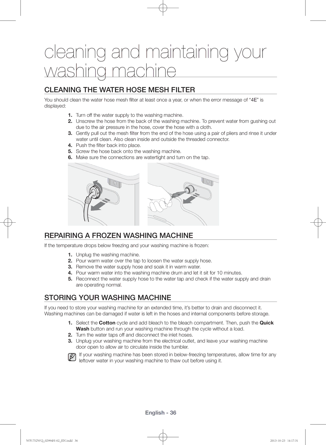 Samsung WF1752WQU9/XSV manual Cleaning the water hose mesh filter, Repairing a frozen washing machine 