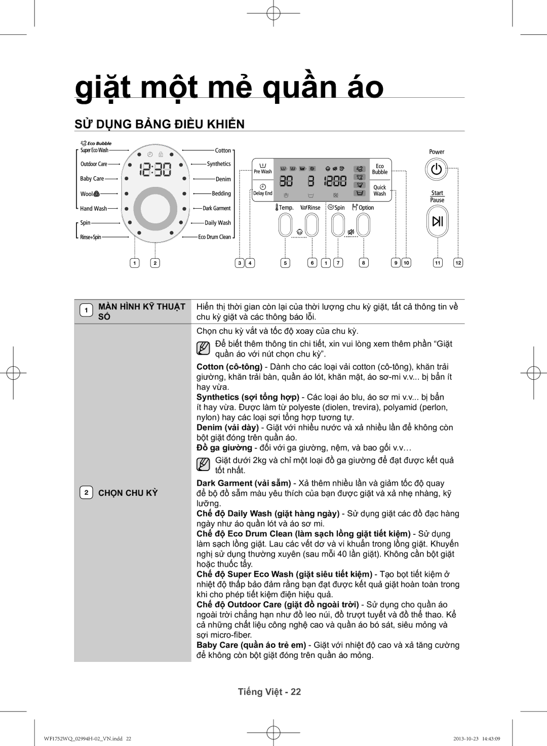 Samsung WF1752WQU9/XSV manual Sử dụng bảng điều khiển, Chọn CHU KỲ 