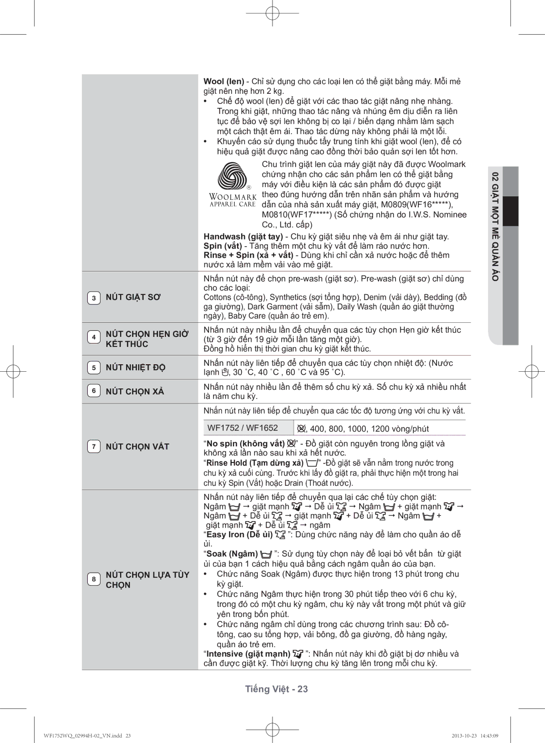 Samsung WF1752WQU9/XSV manual NÚT Giặt SƠ, NÚT Chọn HẸN GIỜ, KẾT Thúc, NÚT Nhiệt ĐỘ, NÚT Chọn XẢ, NÚT Chọn VẮT 