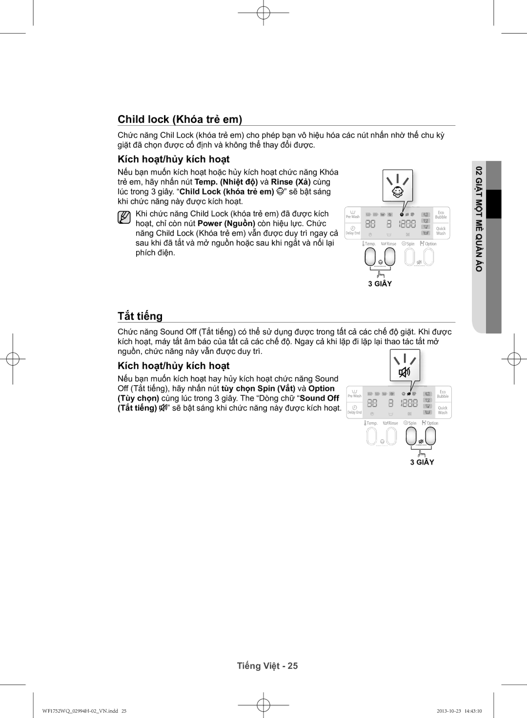 Samsung WF1752WQU9/XSV manual Child lock Khóa trẻ em, Tắt tiếng 